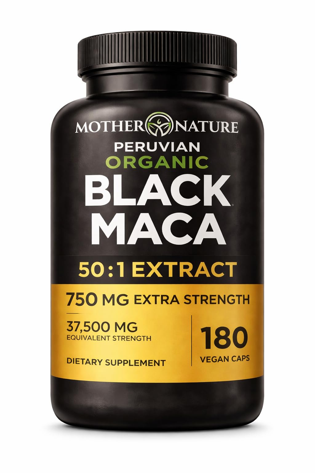 Mother Nature Organics maca negra extracto 50:1, cápsulas para energía sostenida.