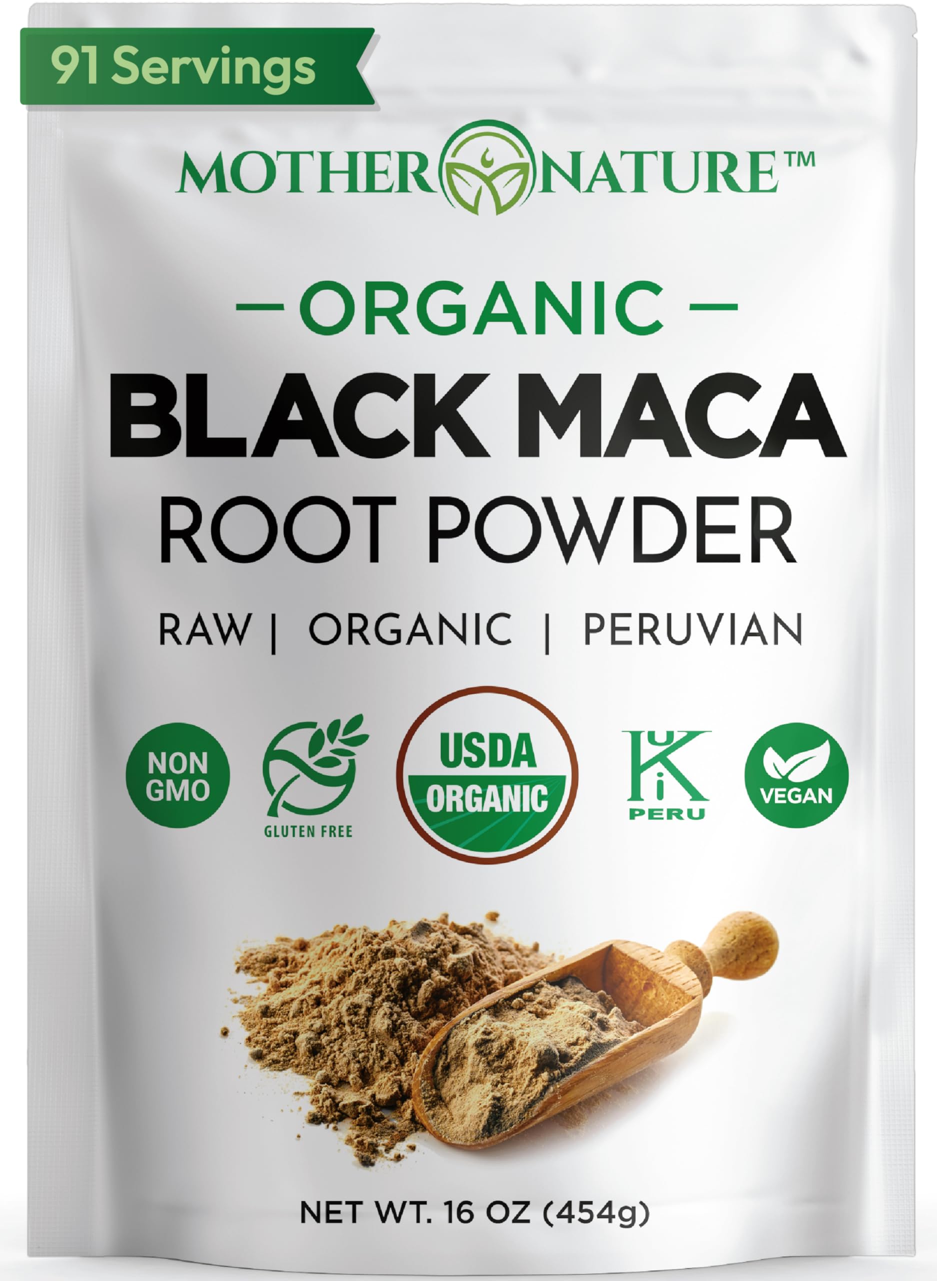 Maca Negra orgánica de Mother Nature Organics en polvo, origen peruano, para energía sostenida.