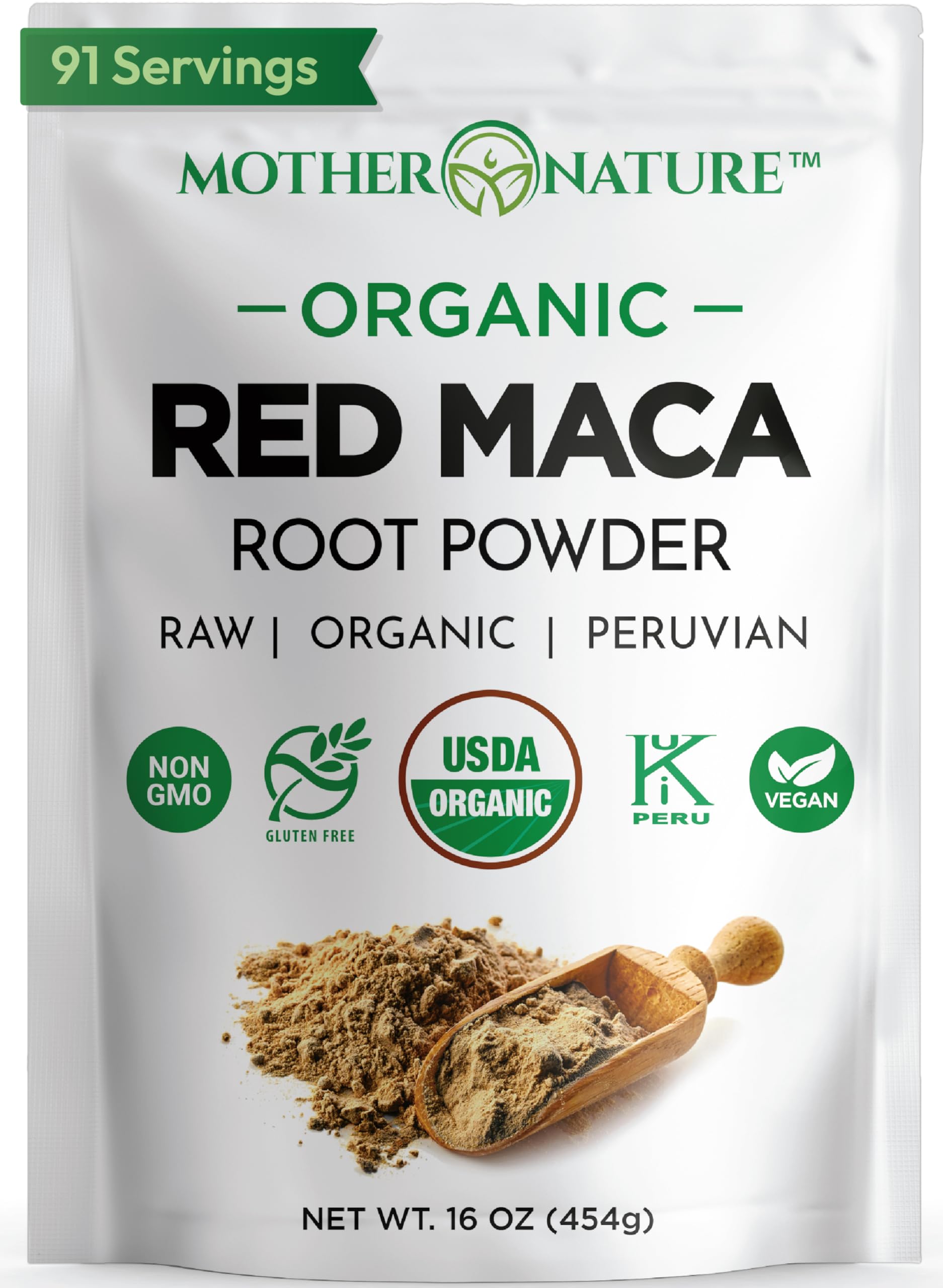Mother Nature Organics Maca Roja Peruana en empaque libre de BPA para frescura y pureza.