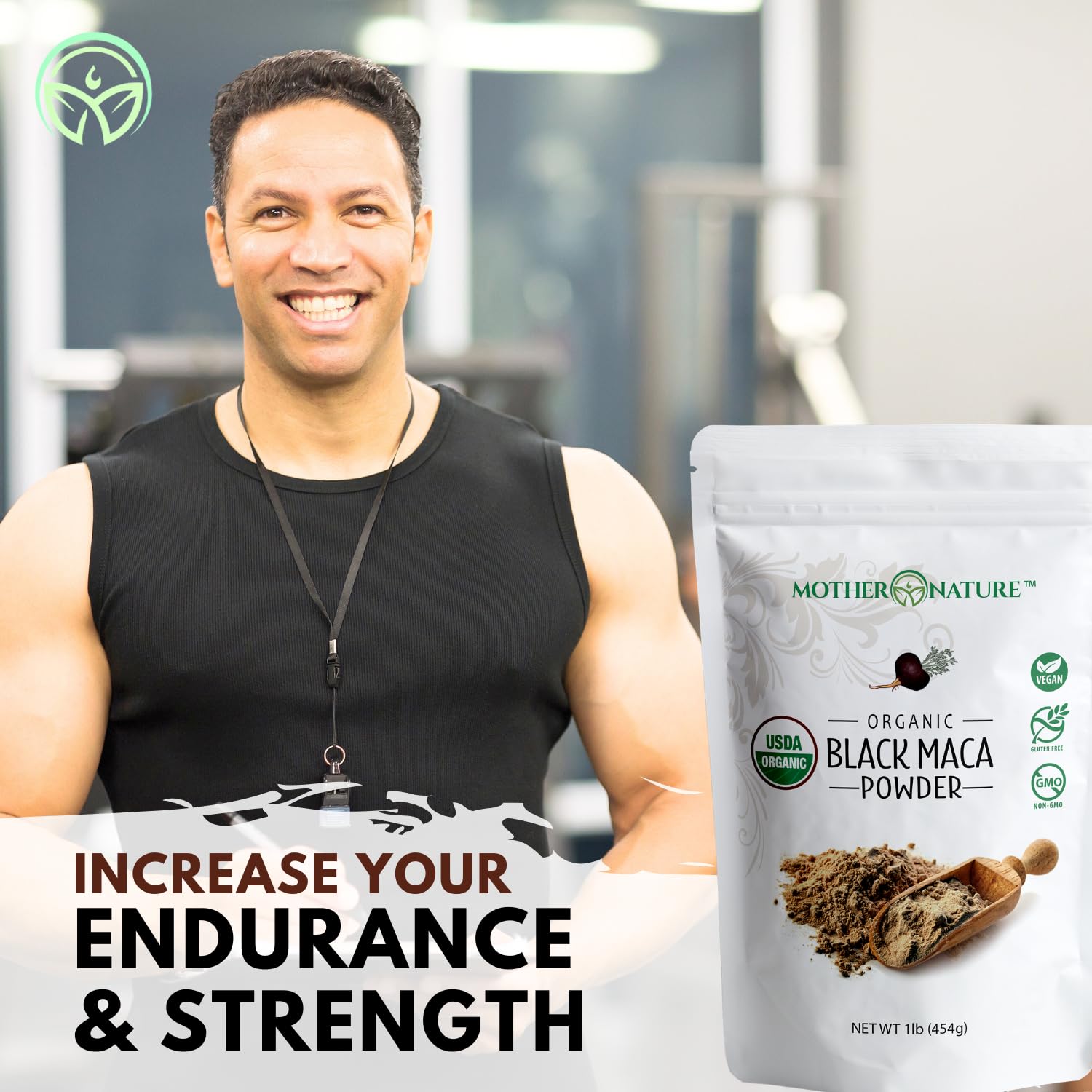 Maca Negra de Mother Nature Organics para pre-entrenamiento y rendimiento diario.
