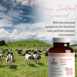 Mother Nutrient Hígado de res cápsulas, frasco destacando fuente de proteína conveniente.