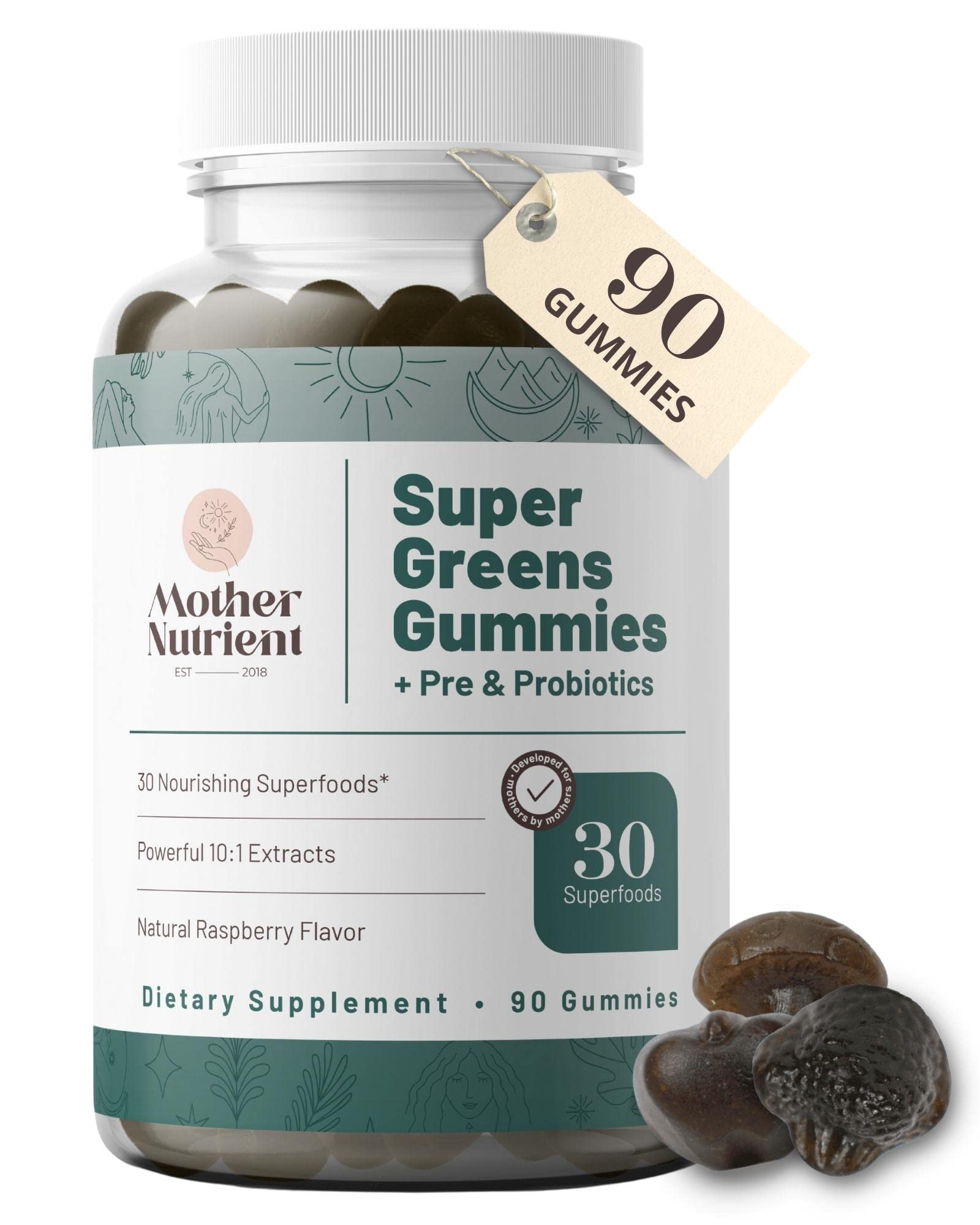 Gomitas de Mother Nutrient Super Greens con sabor frambuesa en frasco para consumo diario.