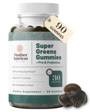 Gomitas de Mother Nutrient Super Greens con sabor frambuesa en frasco para consumo diario.