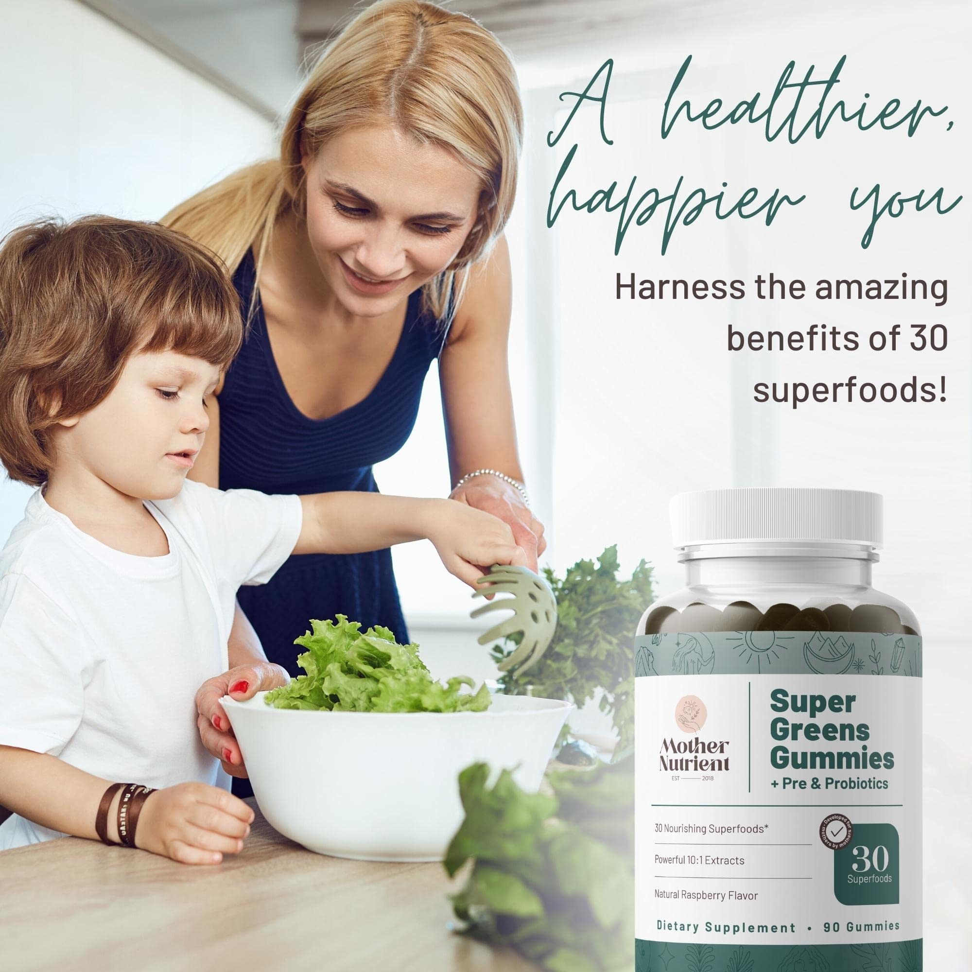 Mother Nutrient Super Greens con extractos 10:1 para apoyo diario de nutrición.
