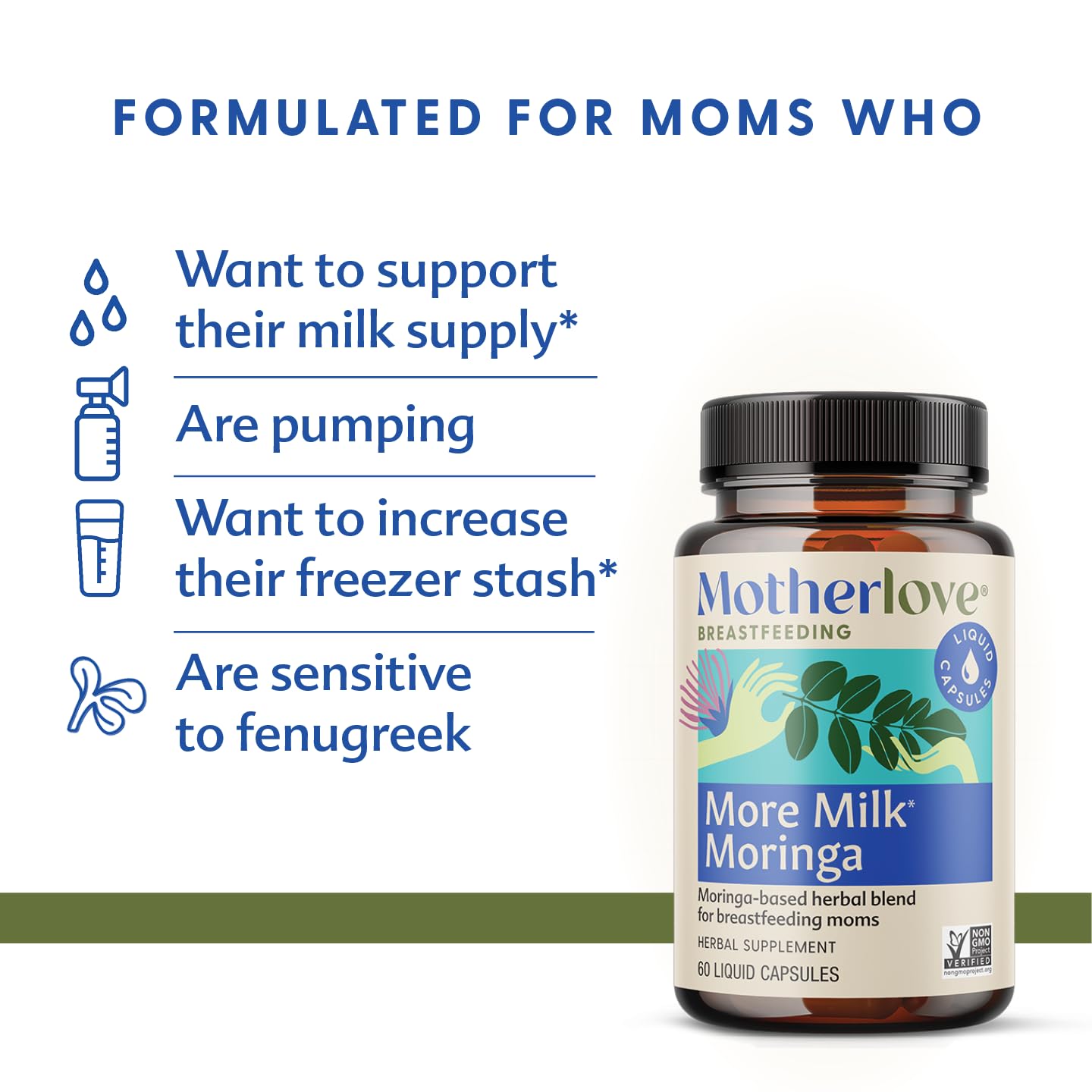 Motherlove Más Leche Moringa: cápsulas líquidas para tomar fácilmente durante el día.
