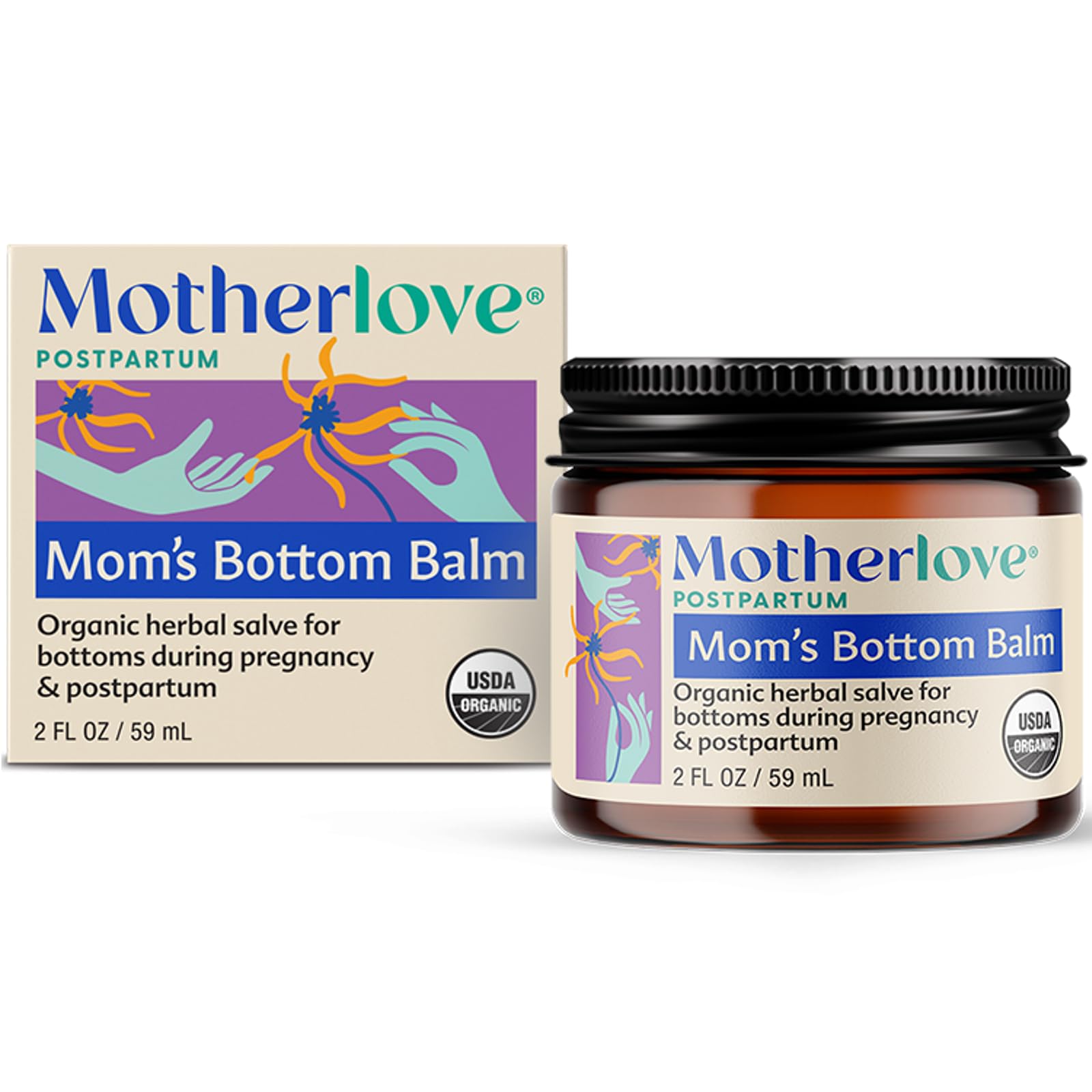 Motherlove Mom's Bottom Balm, bote de 2 onzas, textura suave para uso externo.