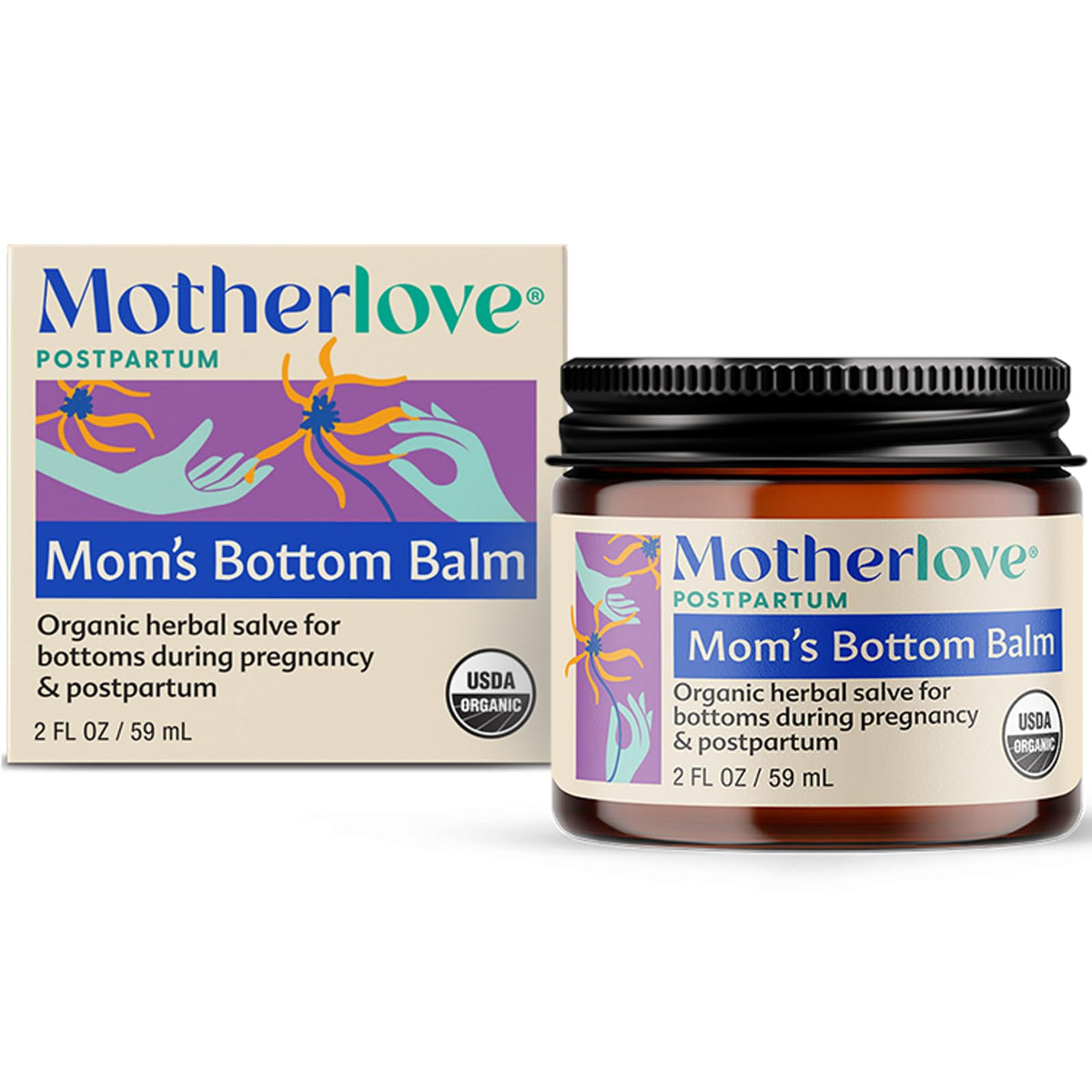 Motherlove Mom's Bottom Balm, bote de 2 onzas, textura suave para uso externo.
