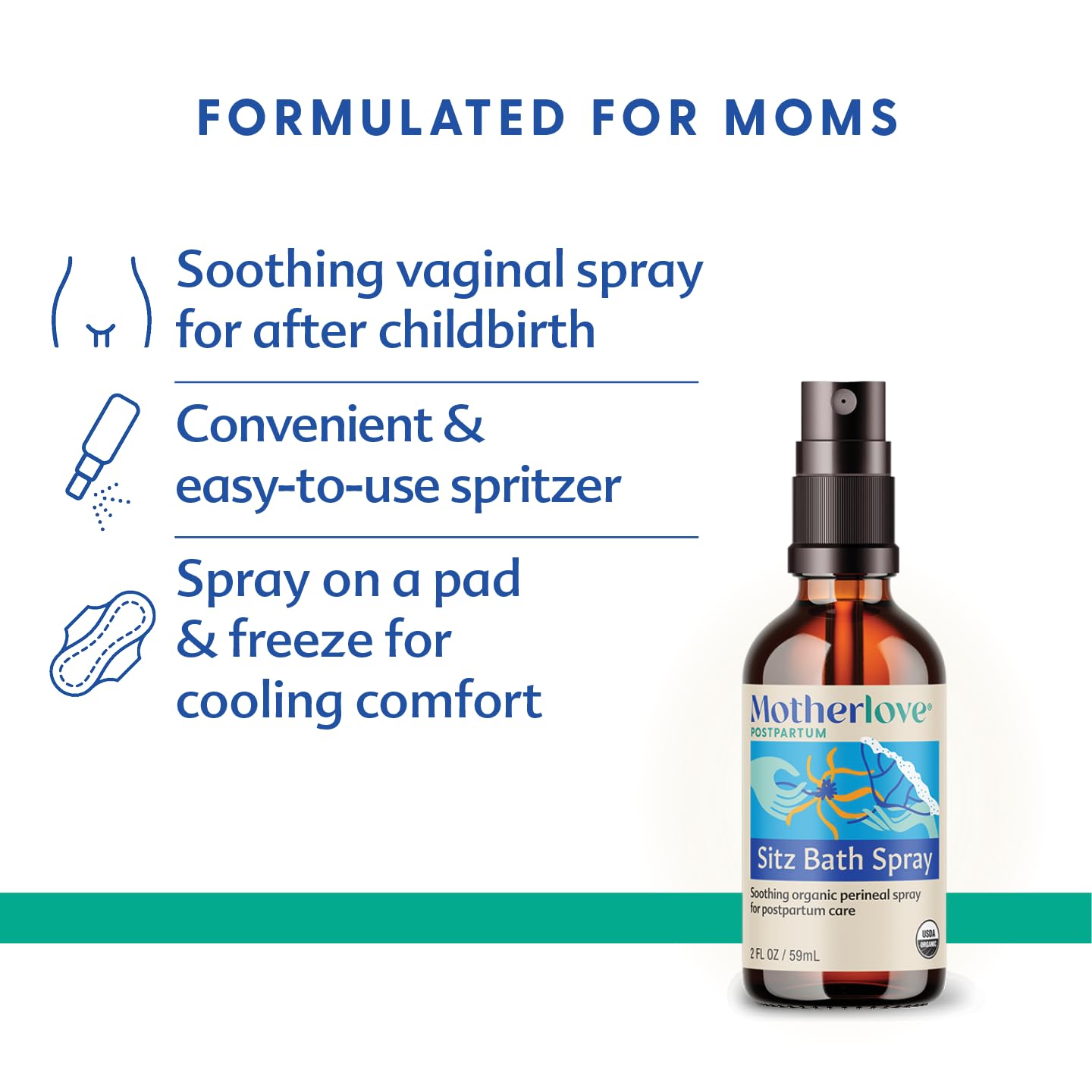 Motherlove spray orgánico, etiqueta visible, cuidado posparto natural