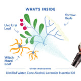 Motherlove spray con hierbas, ingredientes herbales visibles, confort perineal