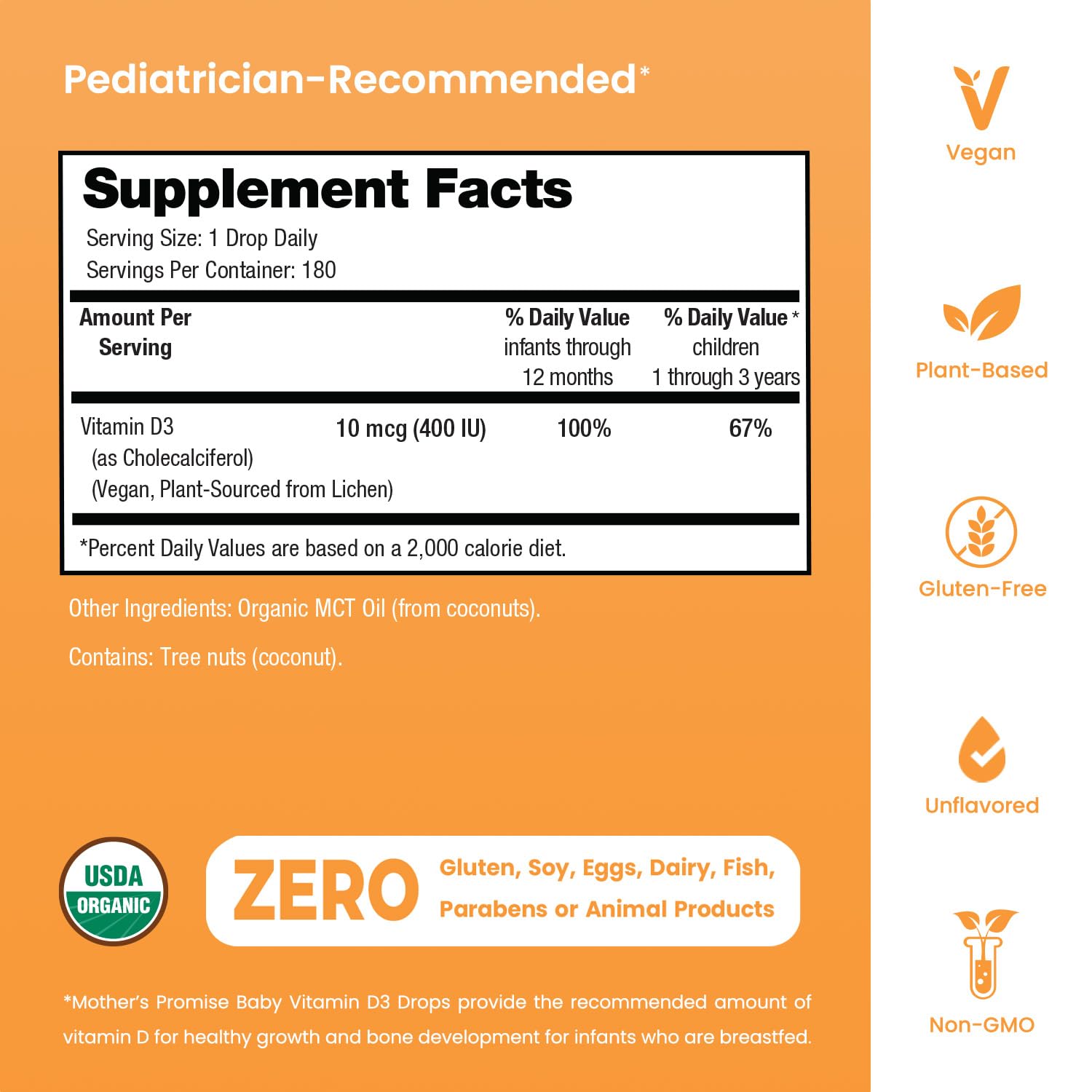 Etiqueta vegana certificada de Mother's Promise en envase de vitamina D.