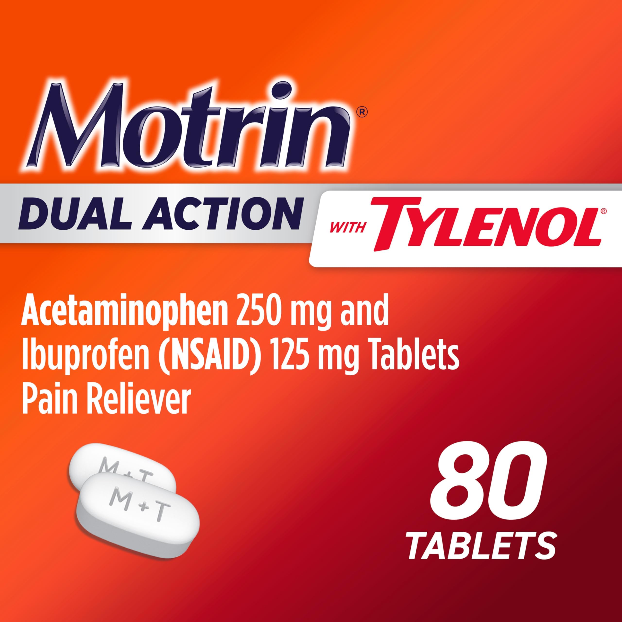 Motrin Dual Action Tylenol: caja con 80 tabletas para uso diario y almacenamiento cómodo.