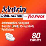 Motrin Dual Action Tylenol: caja con 80 tabletas para uso diario y almacenamiento cómodo.