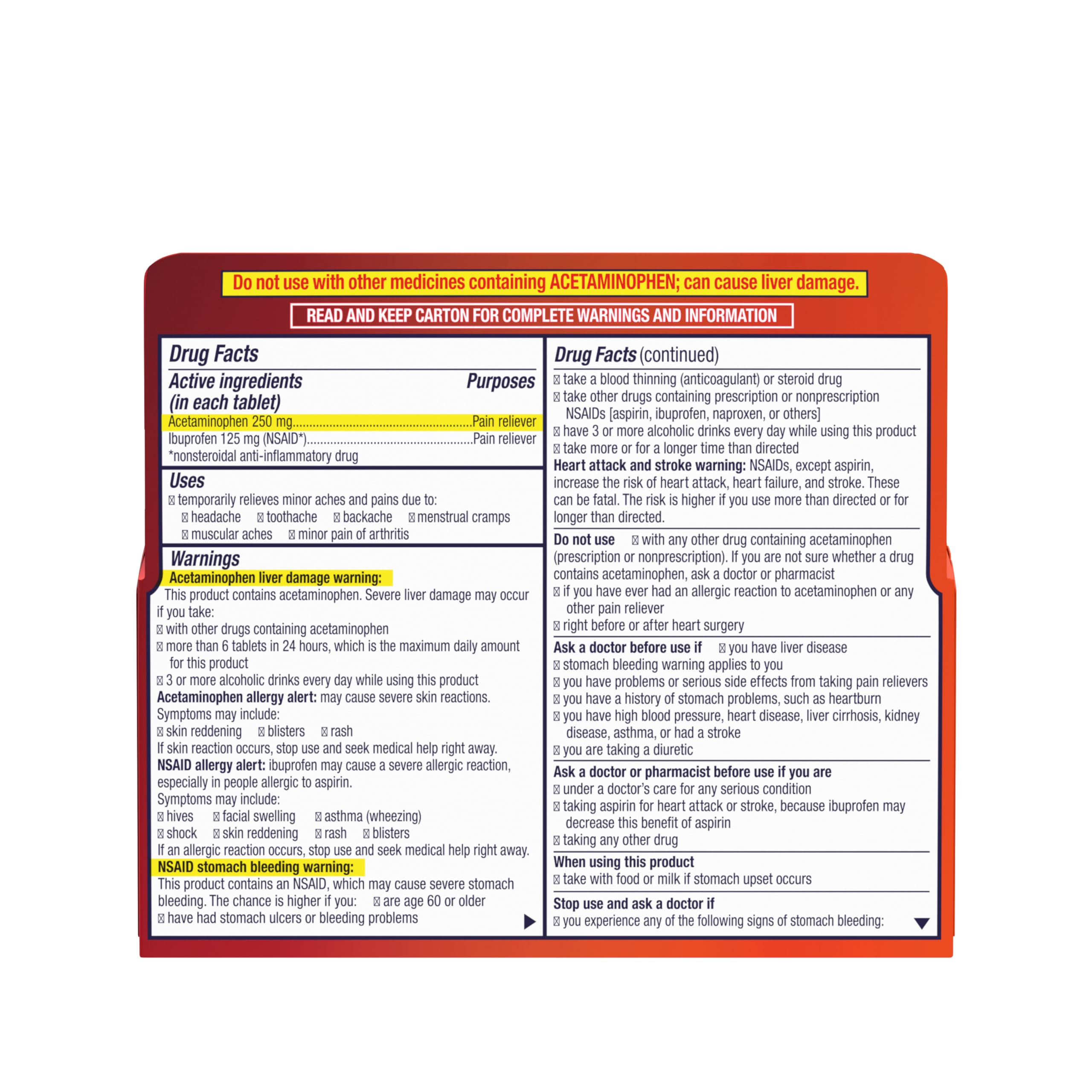 Motrin Dual Action incluye acetaminofén e ibuprofeno en dosis combinadas