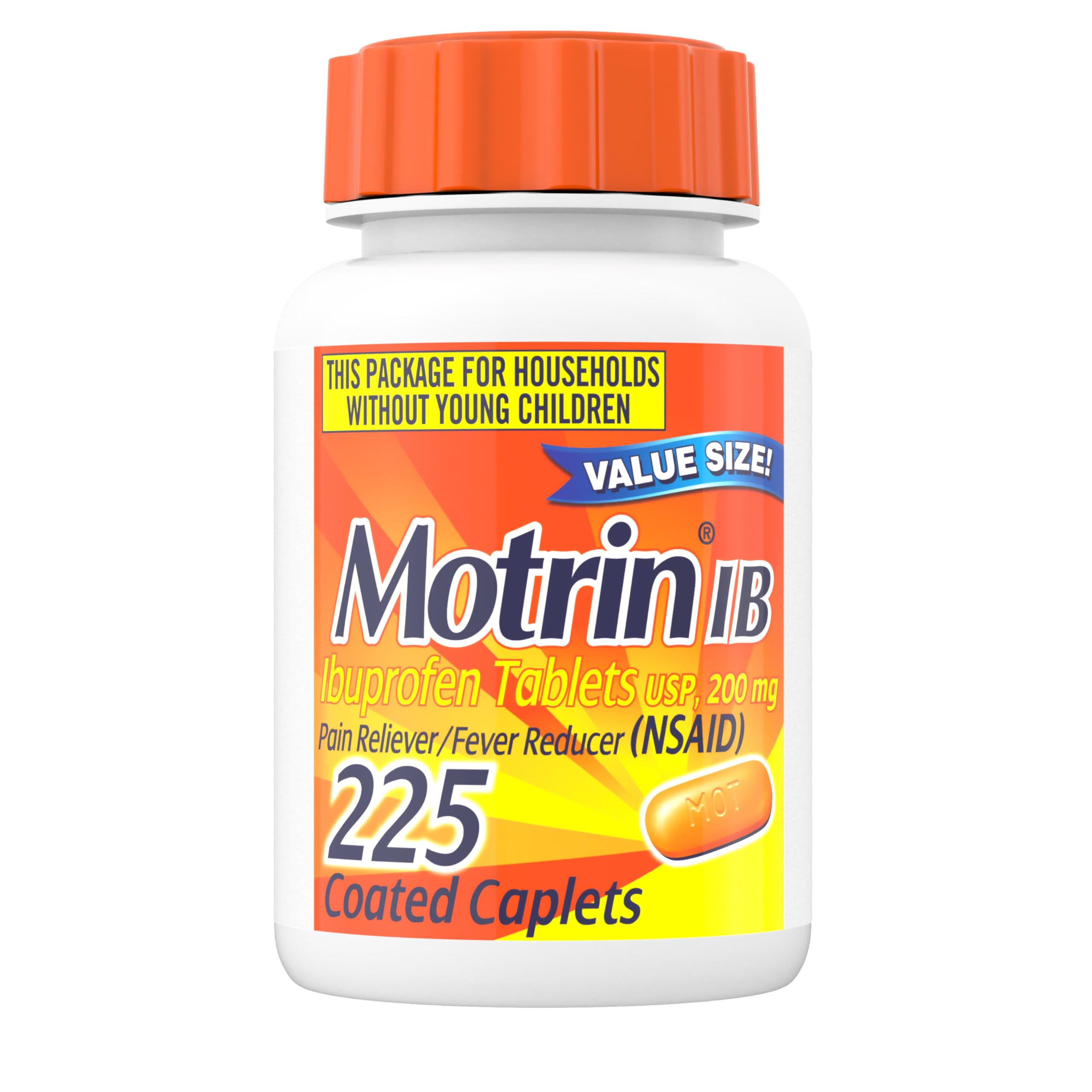 Motrin IB 200 mg, tabletas en caja 225, alivio rápido del dolor.