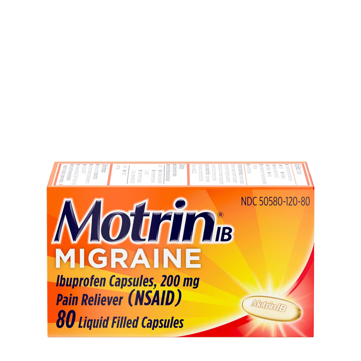 Motrin IB Migraine Relief, botella de 80 cápsulas para alivio rápido de migraña en casa