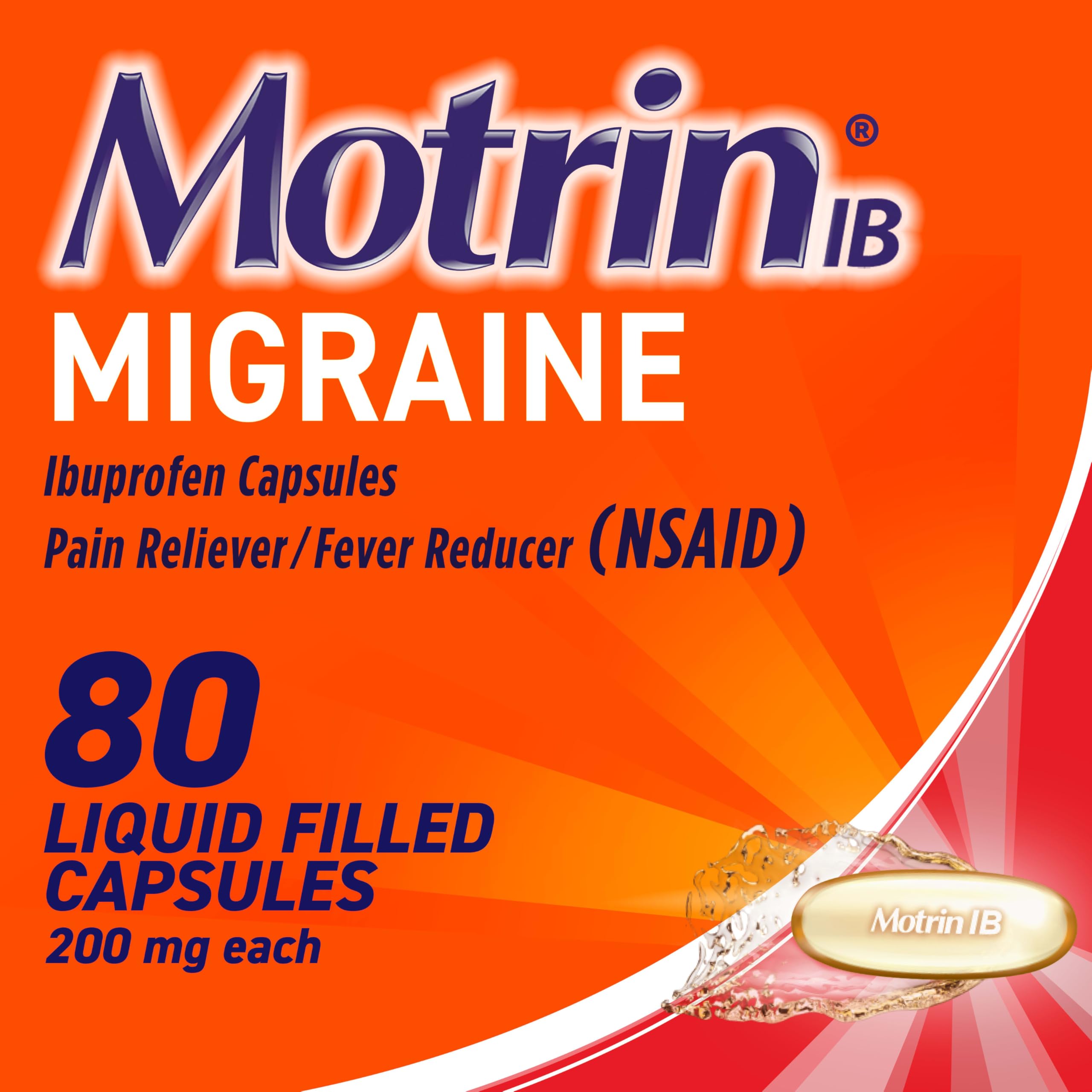 Motrin IB Migraine Relief, cápsulas gel líquido con 200 mg para dolor de migraña
