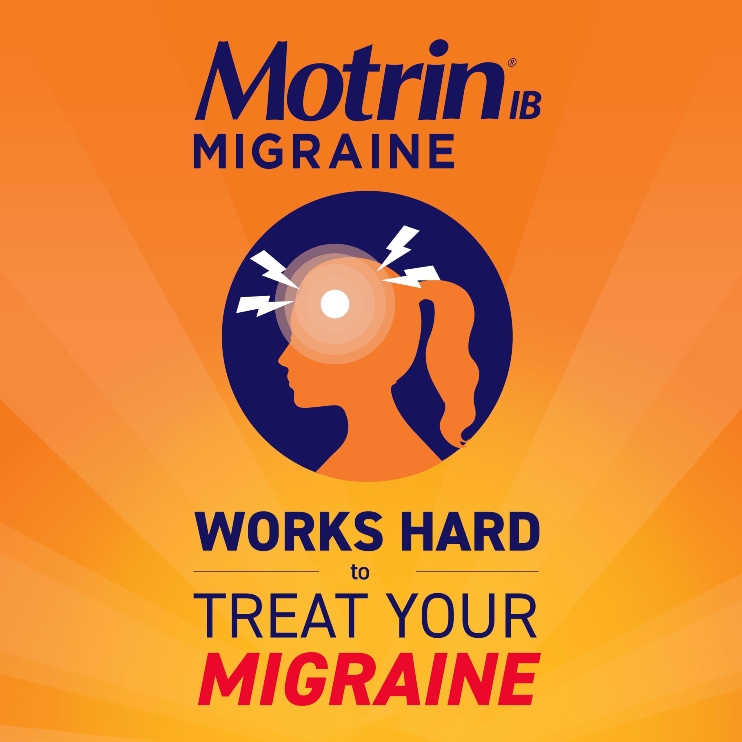 Adultos 18+, Motrin IB Migraine Relief toma dos cápsulas con agua