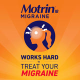 Adultos 18+, Motrin IB Migraine Relief toma dos cápsulas con agua