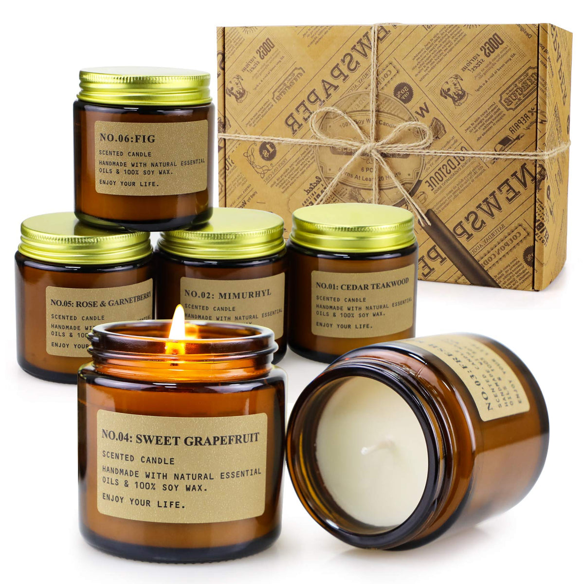 MOULENGGU set de 6 velas en vaso ámbar para ambientación duradera.