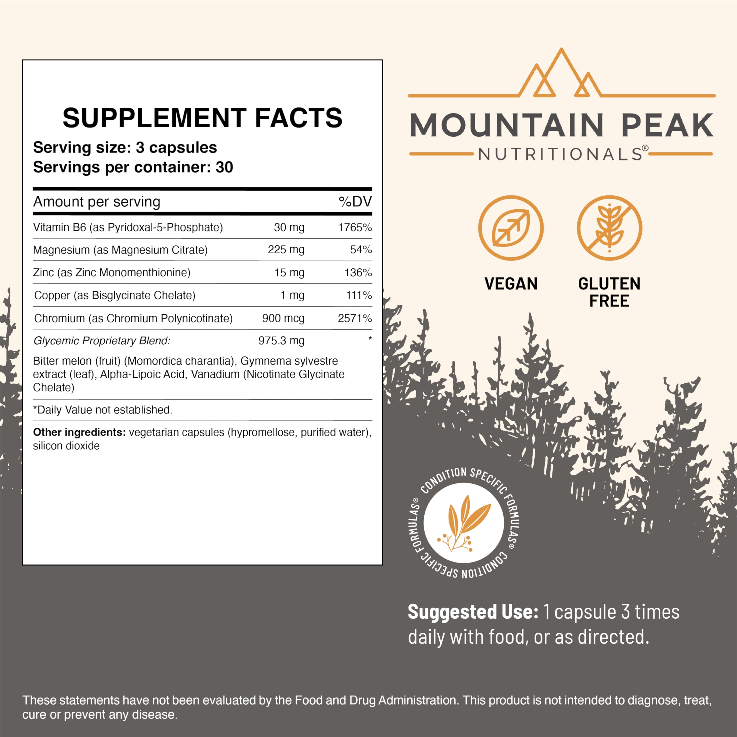 Mountain Peak Nutritionals glicémica fórmula: etiqueta con ingredientes clave.