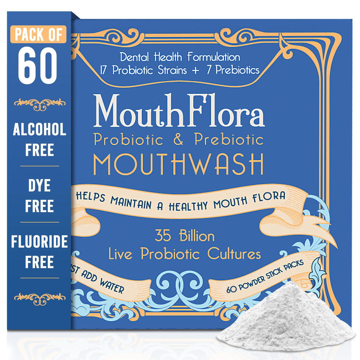 MouthFlora enjuague bucal probiótico, botella favorece equilibrio oral saludable.