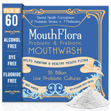MouthFlora enjuague bucal probiótico, botella favorece equilibrio oral saludable.