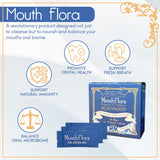 MouthFlora enjuague bucal probiótico, etiqueta clara para uso diario.