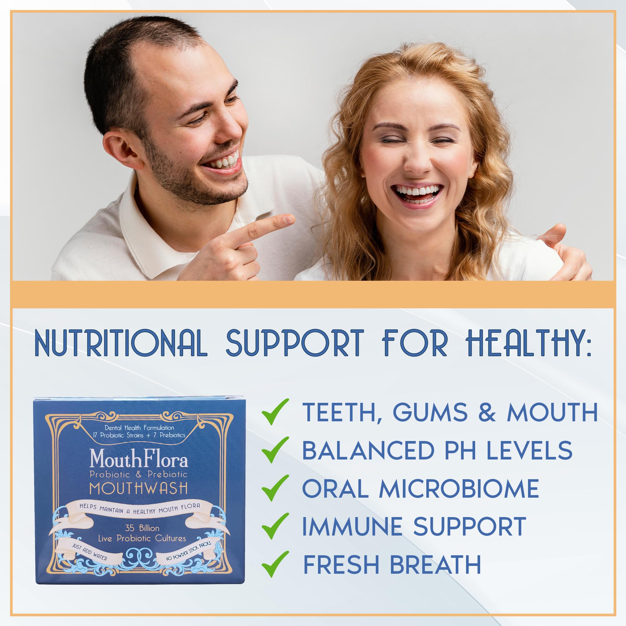 MouthFlora enjuague bucal probiótico, uso diario recomendado.
