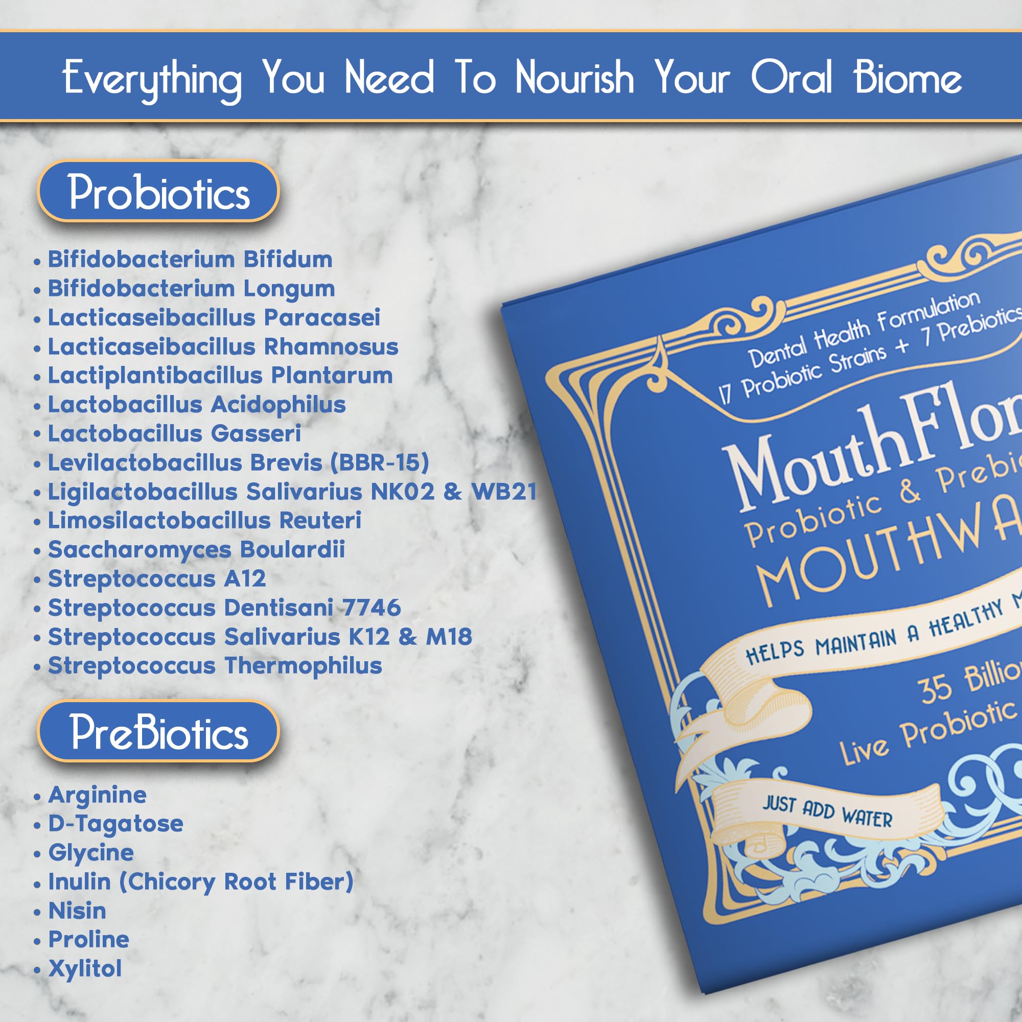 MouthFlora enjuague bucal probiótico, vaso para enjuague diario suave.