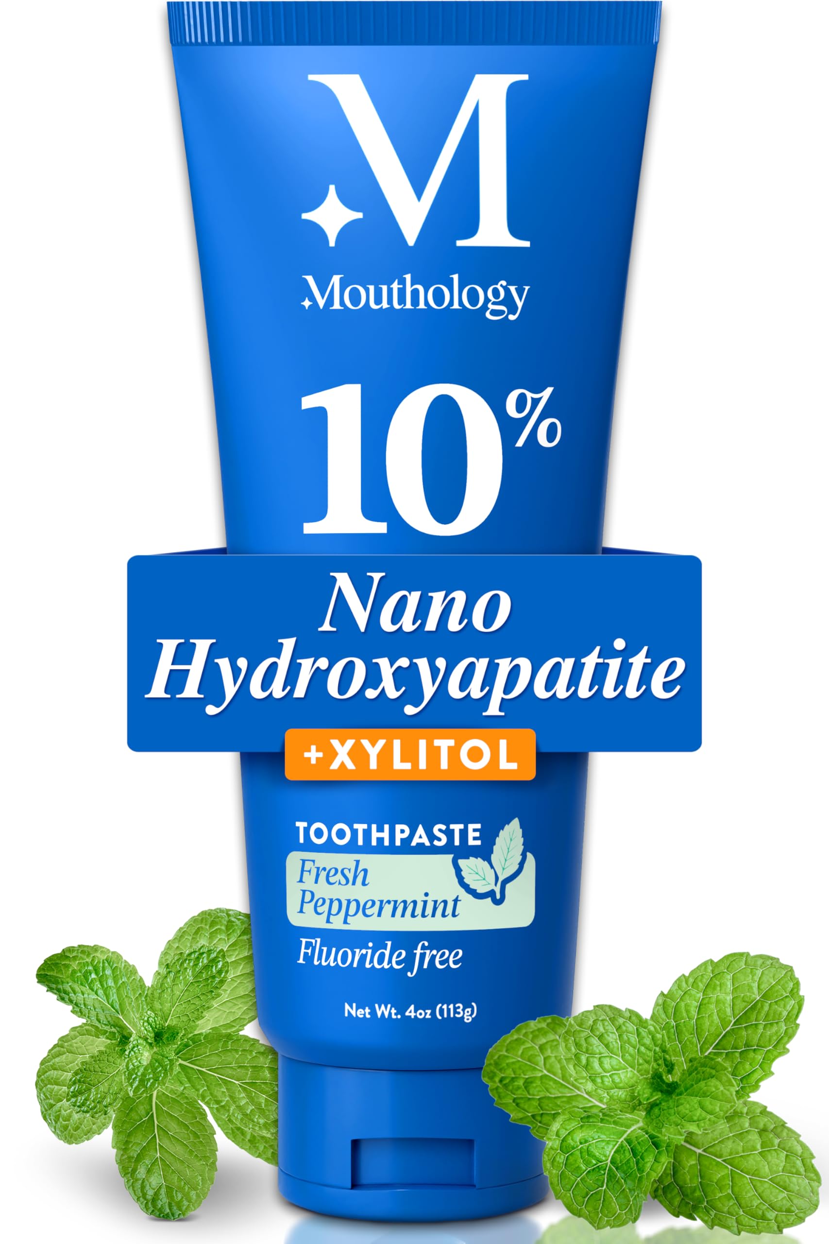 Pasta Mouthology con 10% nano-hidroxiapatita en tubo, limpieza suave y segura.