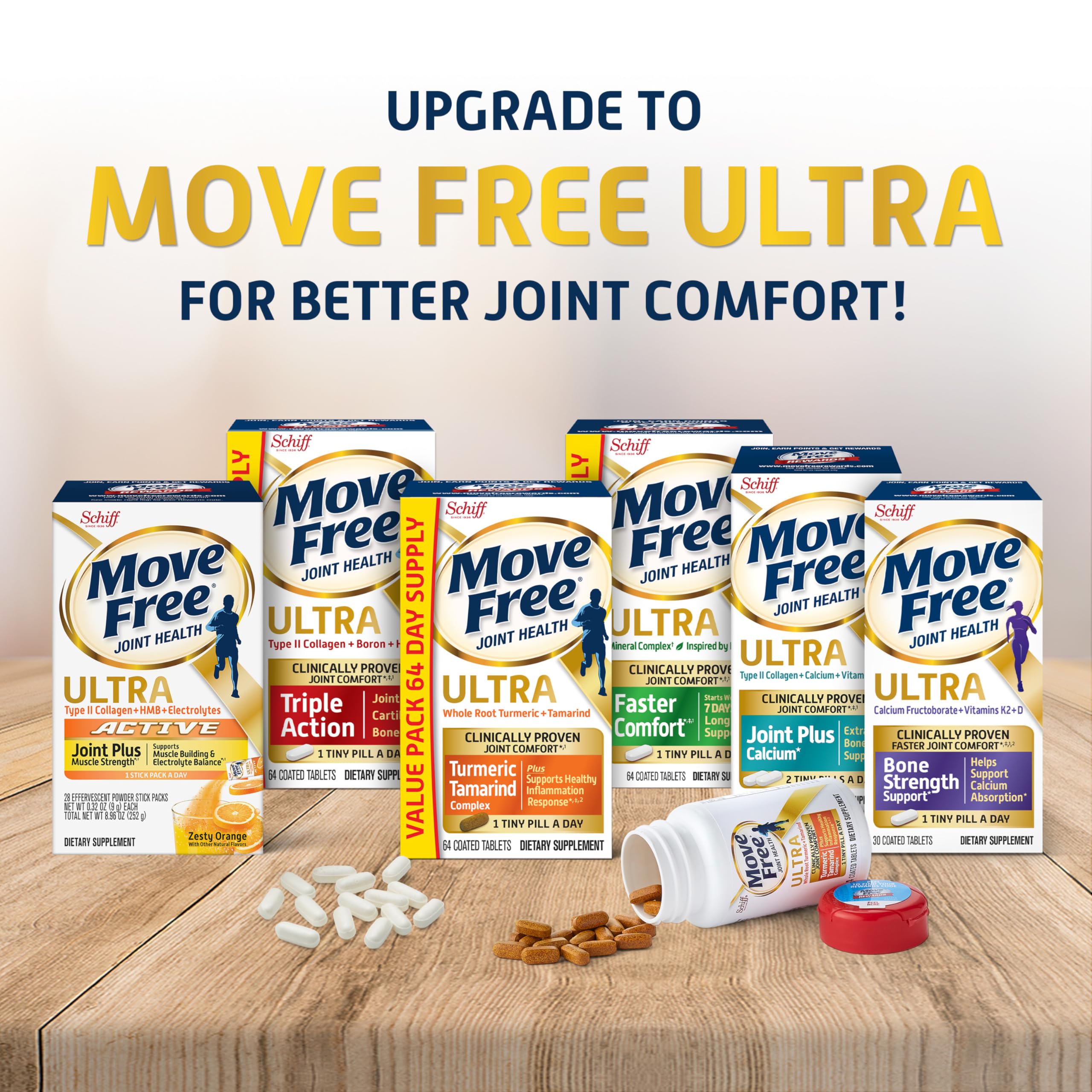 Move Free Advanced movilidad diaria, visual que sugiere flexibilidad.