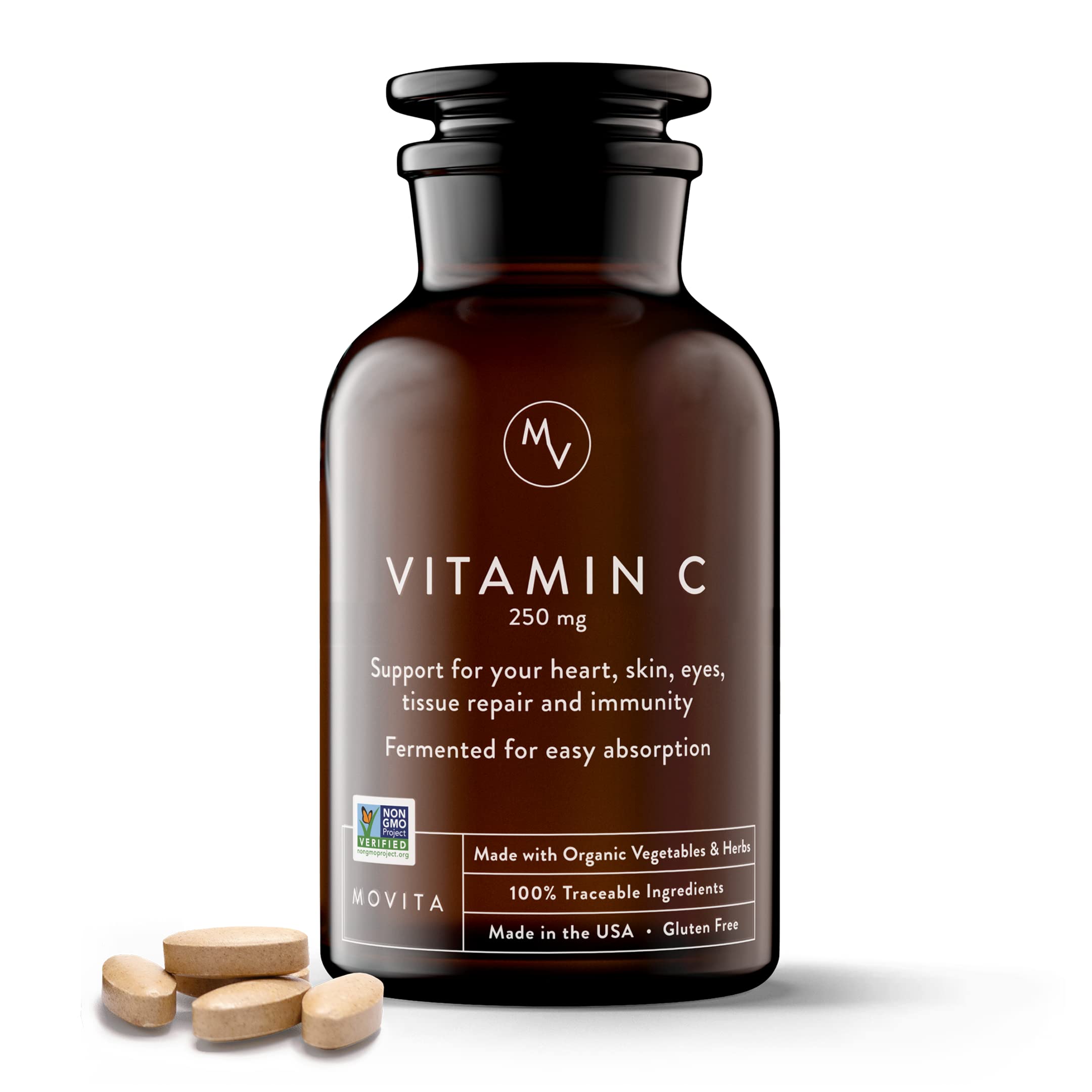 Movita Vitamina C Fermentada 250 mg, botella frontal, apoyo a la defensa natural.