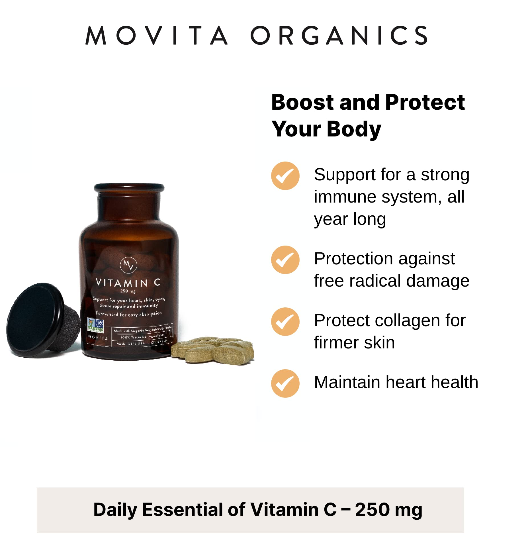 Movita Vitamina C Fermentada 250 mg, cápsulas fáciles de digerir.