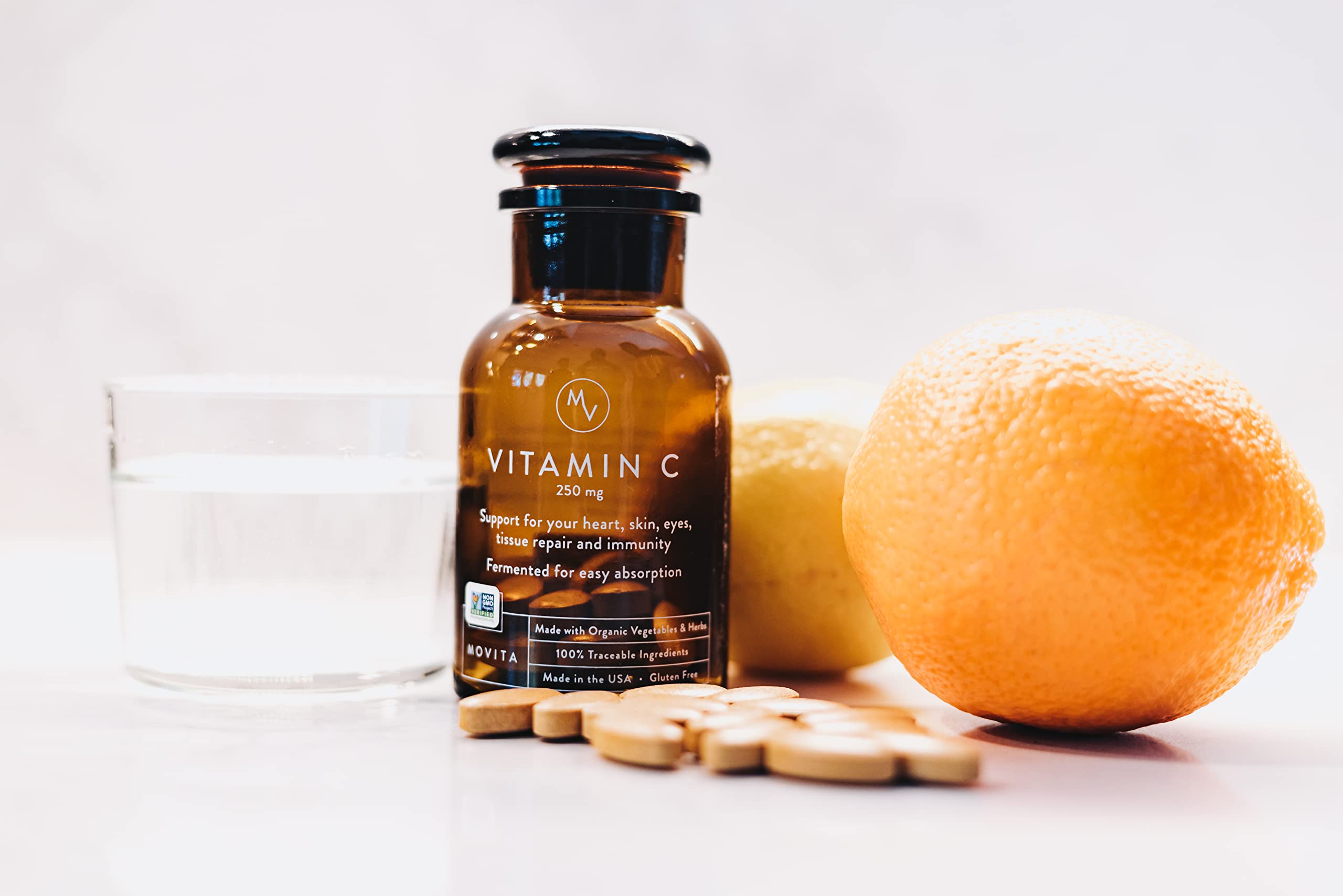 Movita Vitamina C Fermentada 250 mg, sello orgánico vegano, sin OGM.