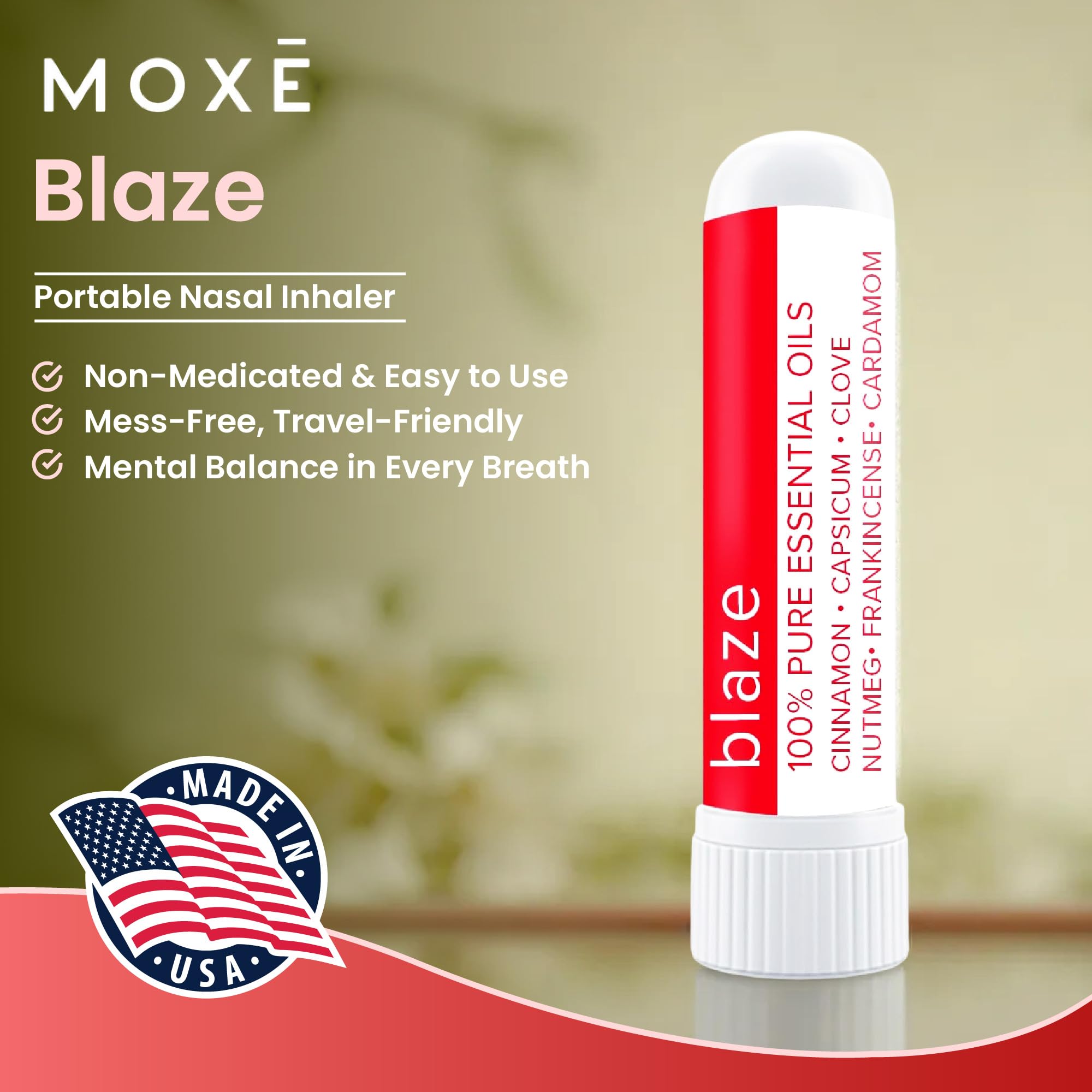 MOXE Blaze Nasal Stick aroma canela picante que reconforta y energiza.