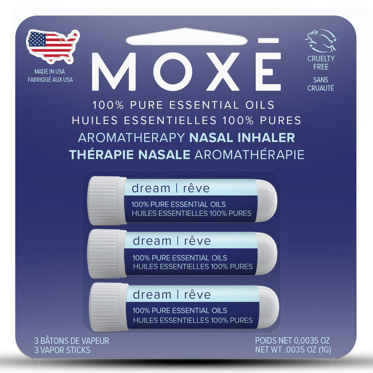 MOXE Dream Inhalador nasal en empaque, experiencia calmante para la rutina nocturna.