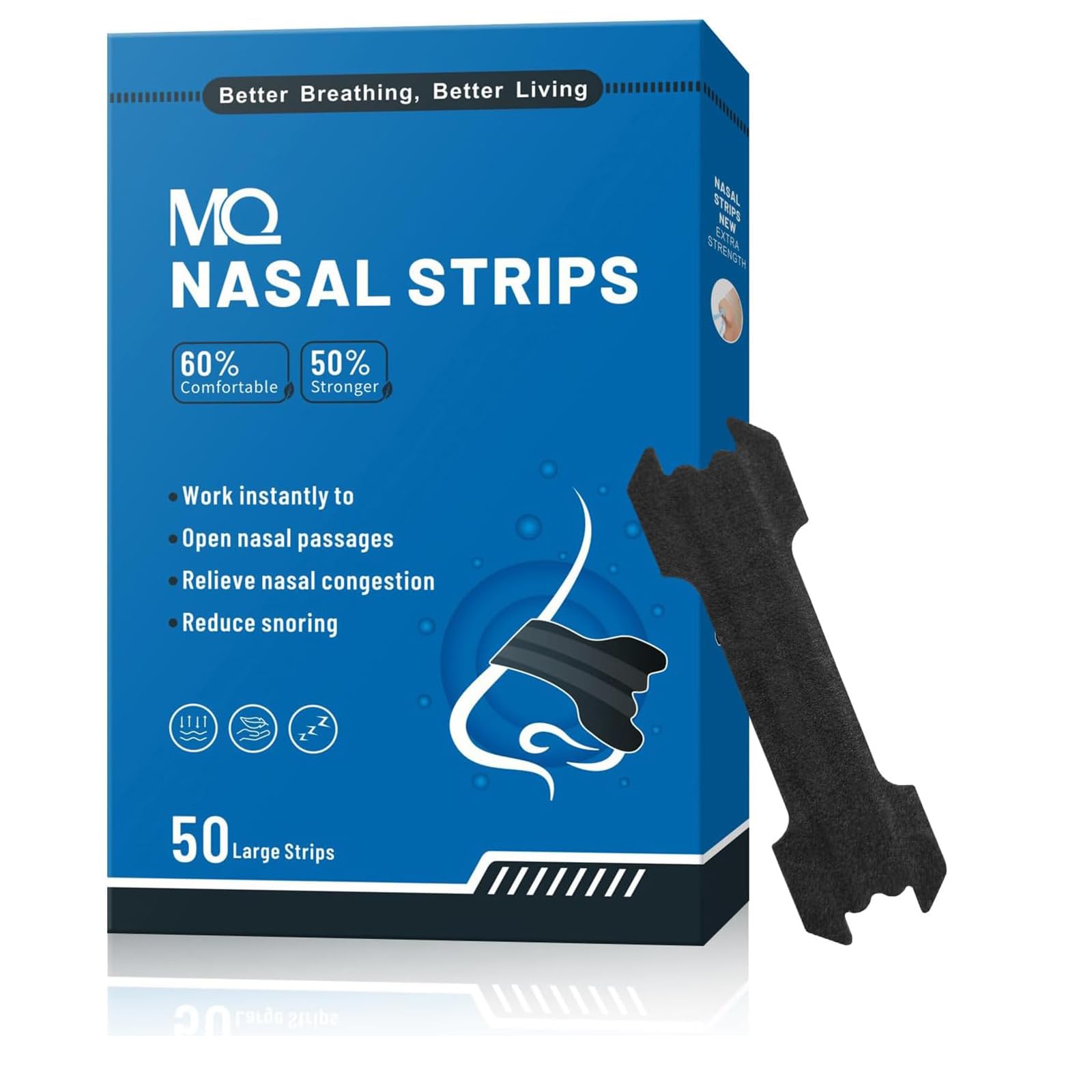 MQ 50ct tiras nasales: embalaje compacto para uso diario.