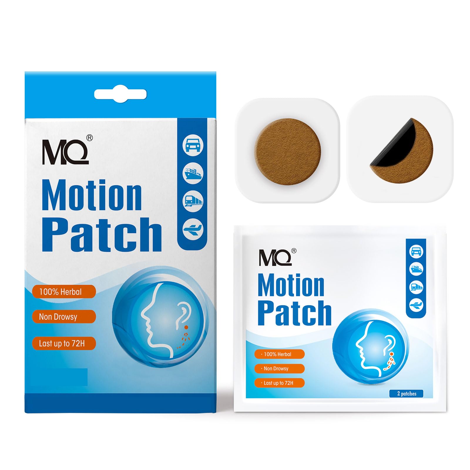 MQ Motion Sickness Patch tras la oreja, alivio cómodo para viajes.