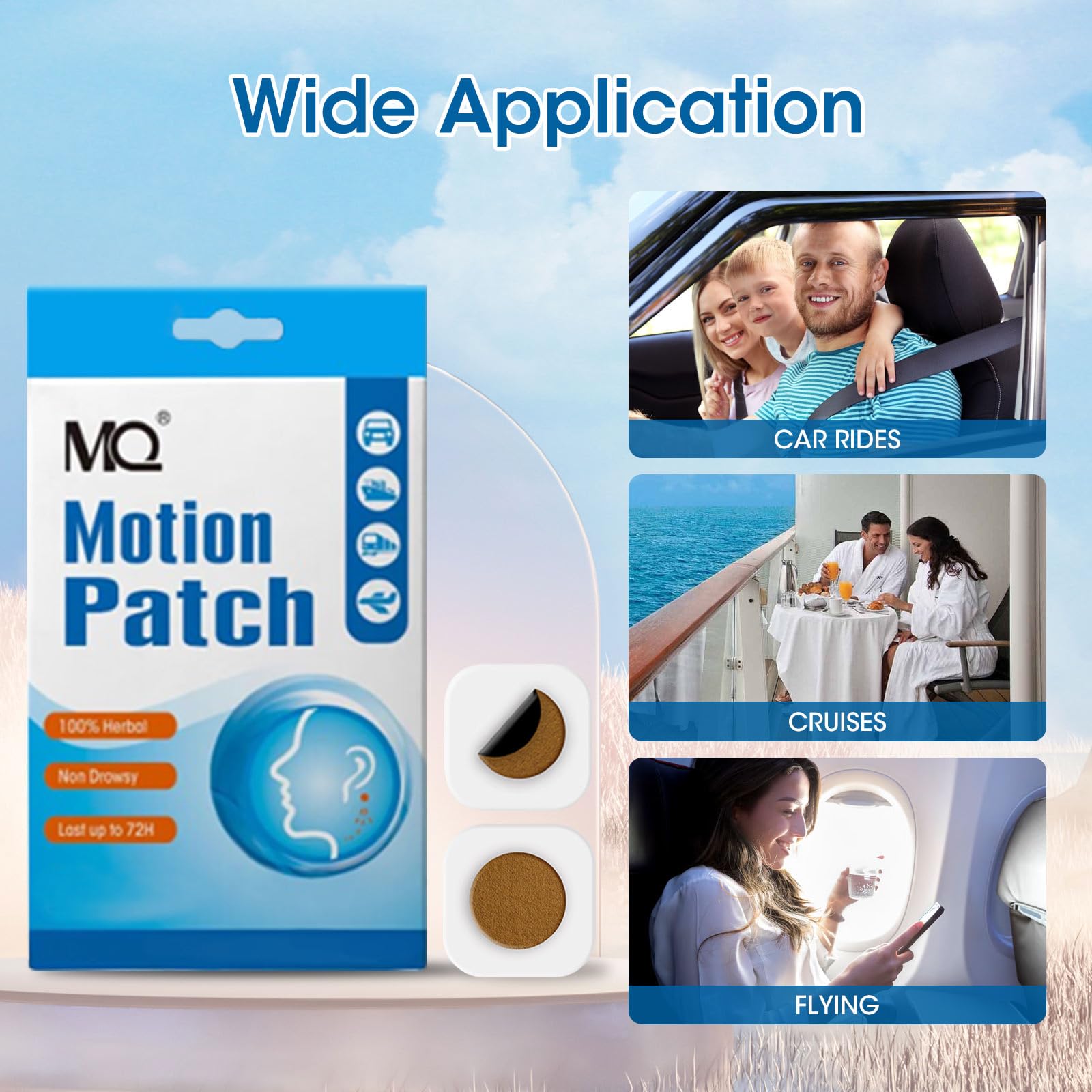 MQ Motion Sickness Patch resistencia al agua, ideal para cruceros y climas húmedos.