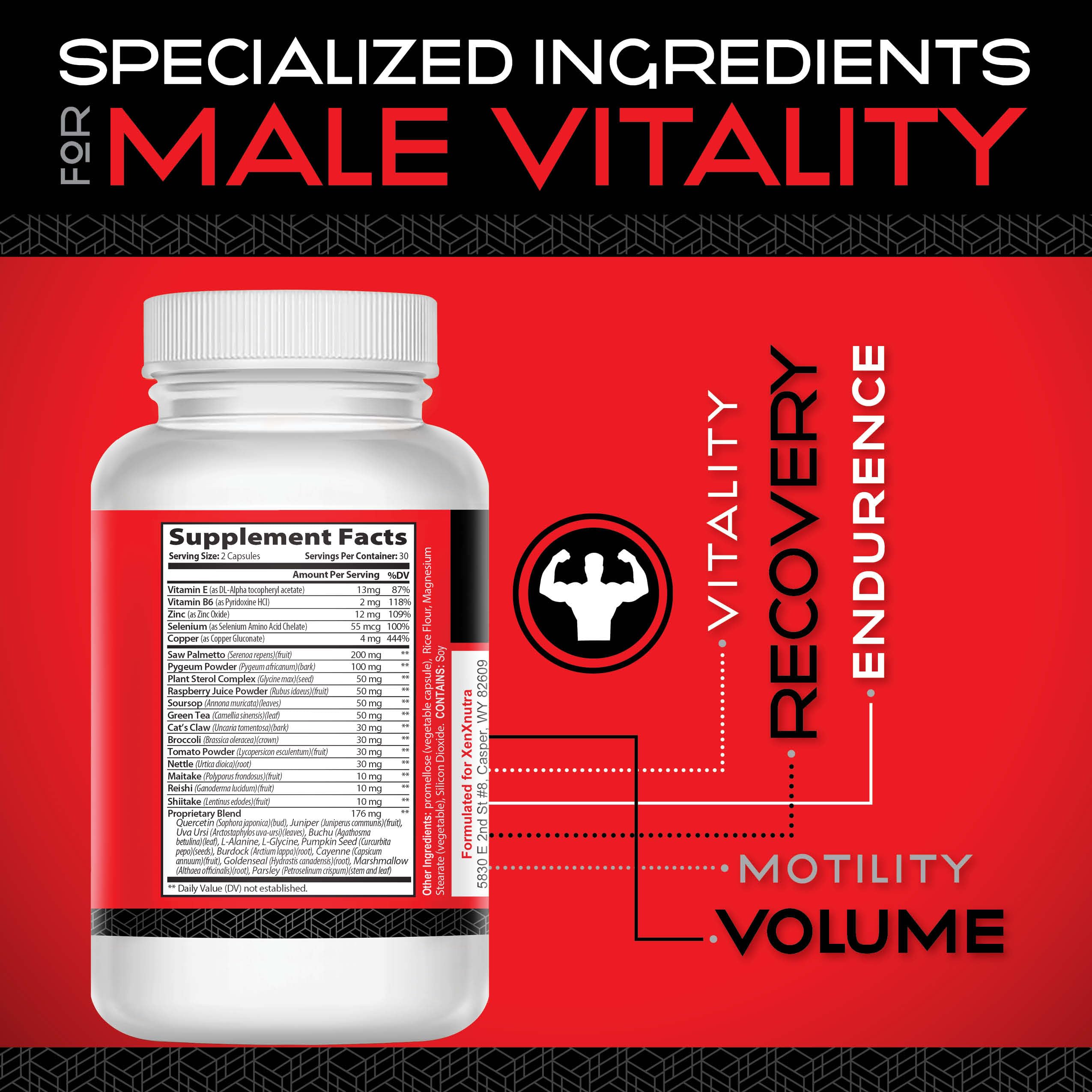 Etiqueta frontal de Mr. Man Support destacando vitaminas y antioxidantes.
