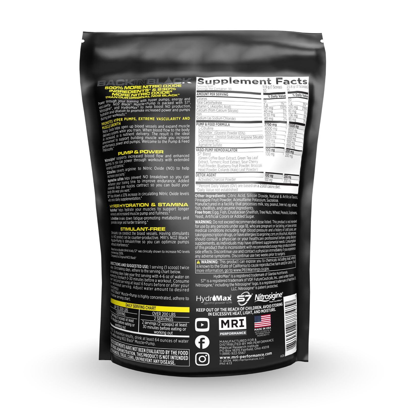 MRI NO2 Black etiqueta citrulina, destaca ingredientes clave para vasodilatación.