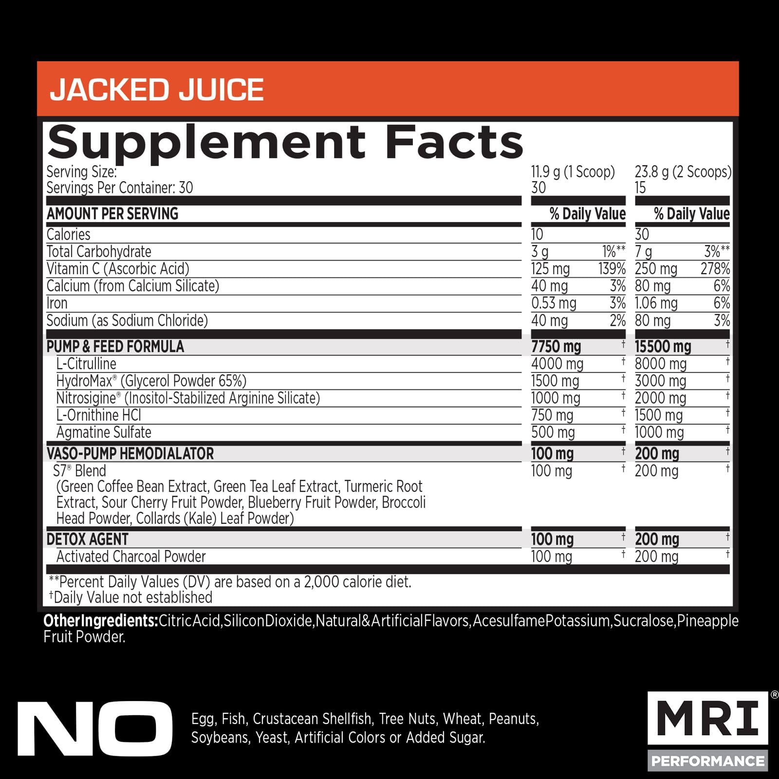 MRI NO2 Black etiqueta detallada con ingredientes clave