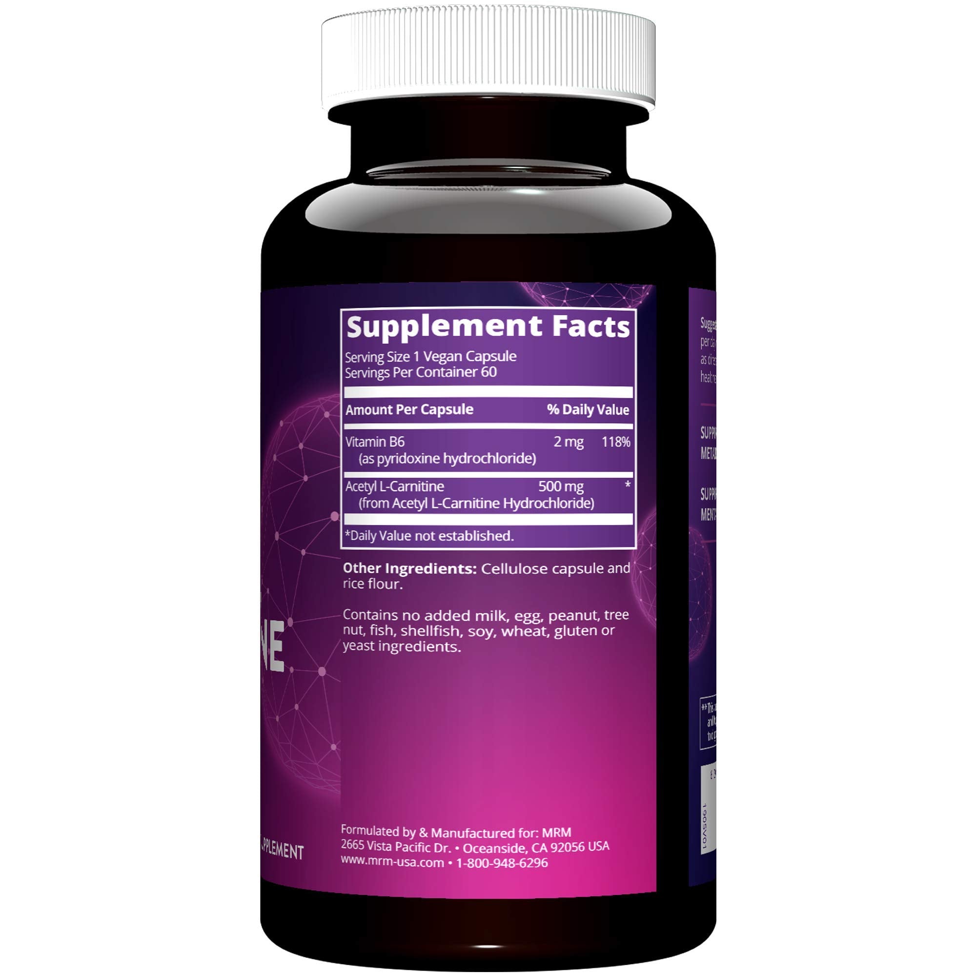 MRM Acetil L-Carnitina etiqueta nutricional clara y certificaciones