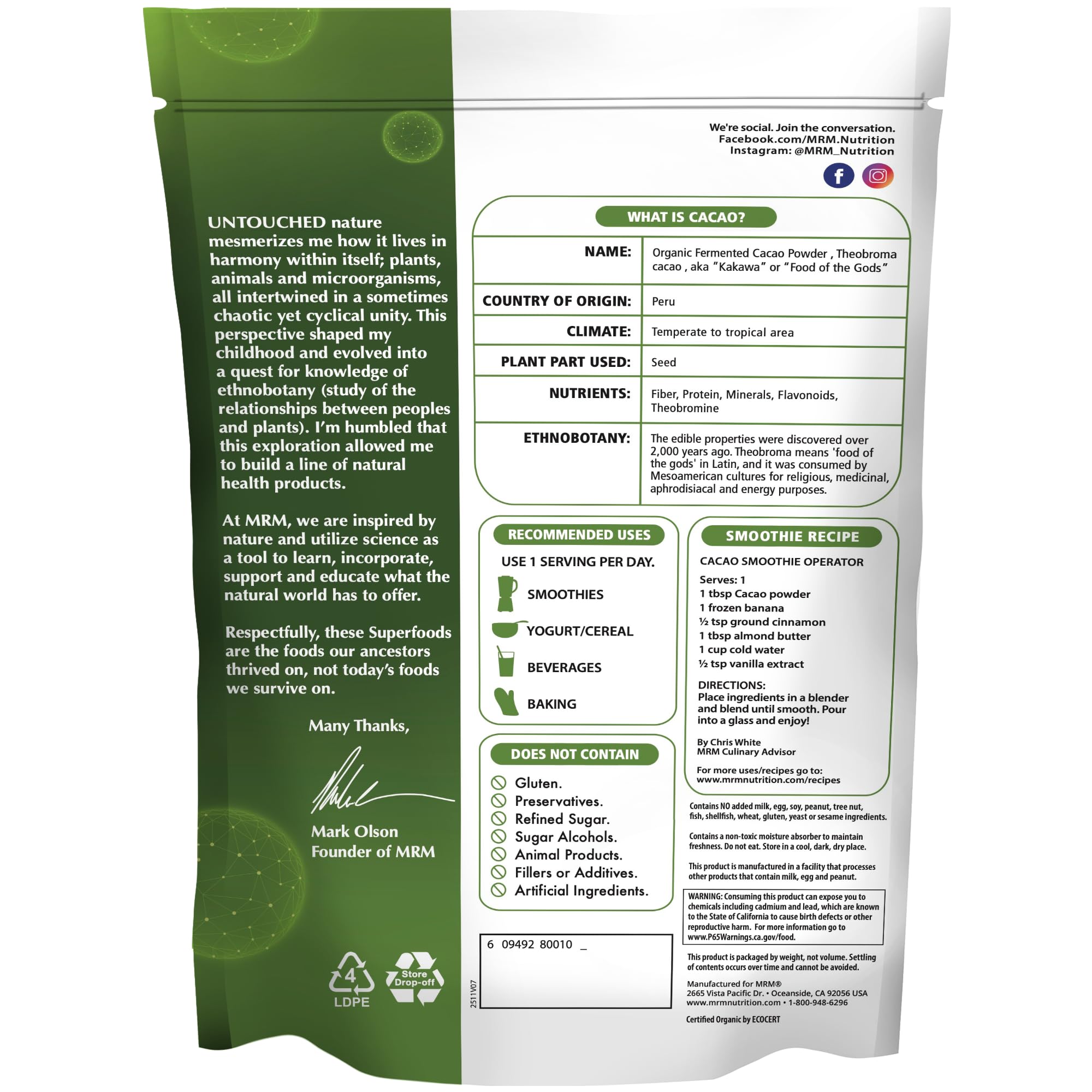 MRM cacao fermentado orgánico preparado para batidos, potenciador de sabor cacao