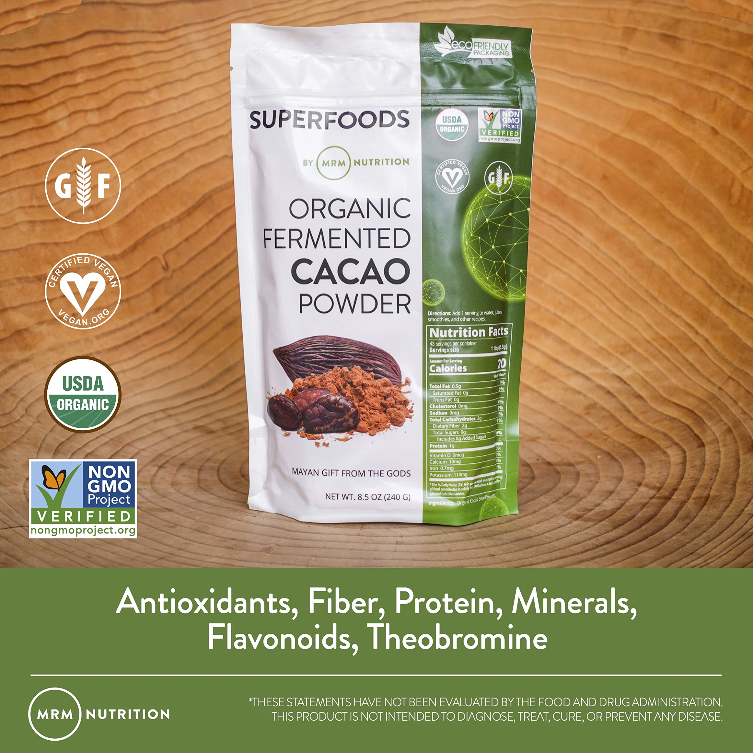 MRM cacao fermentado orgánico en polvo listo para hornear, fuente de energía suave