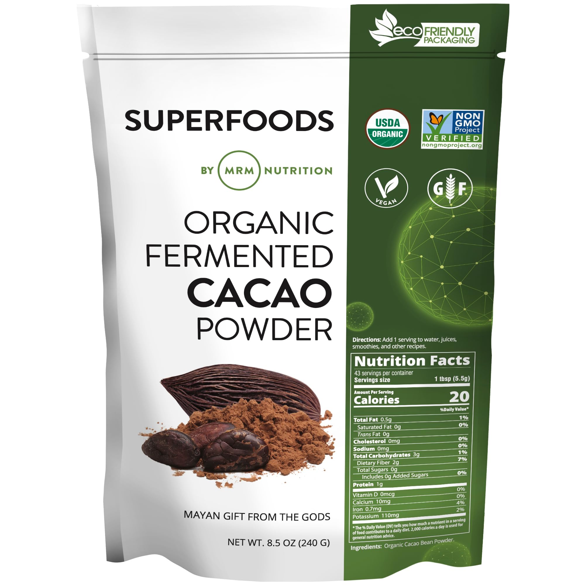 MRM cacao fermentado orgánico polvo en tarro, antioxidante natural para batidos