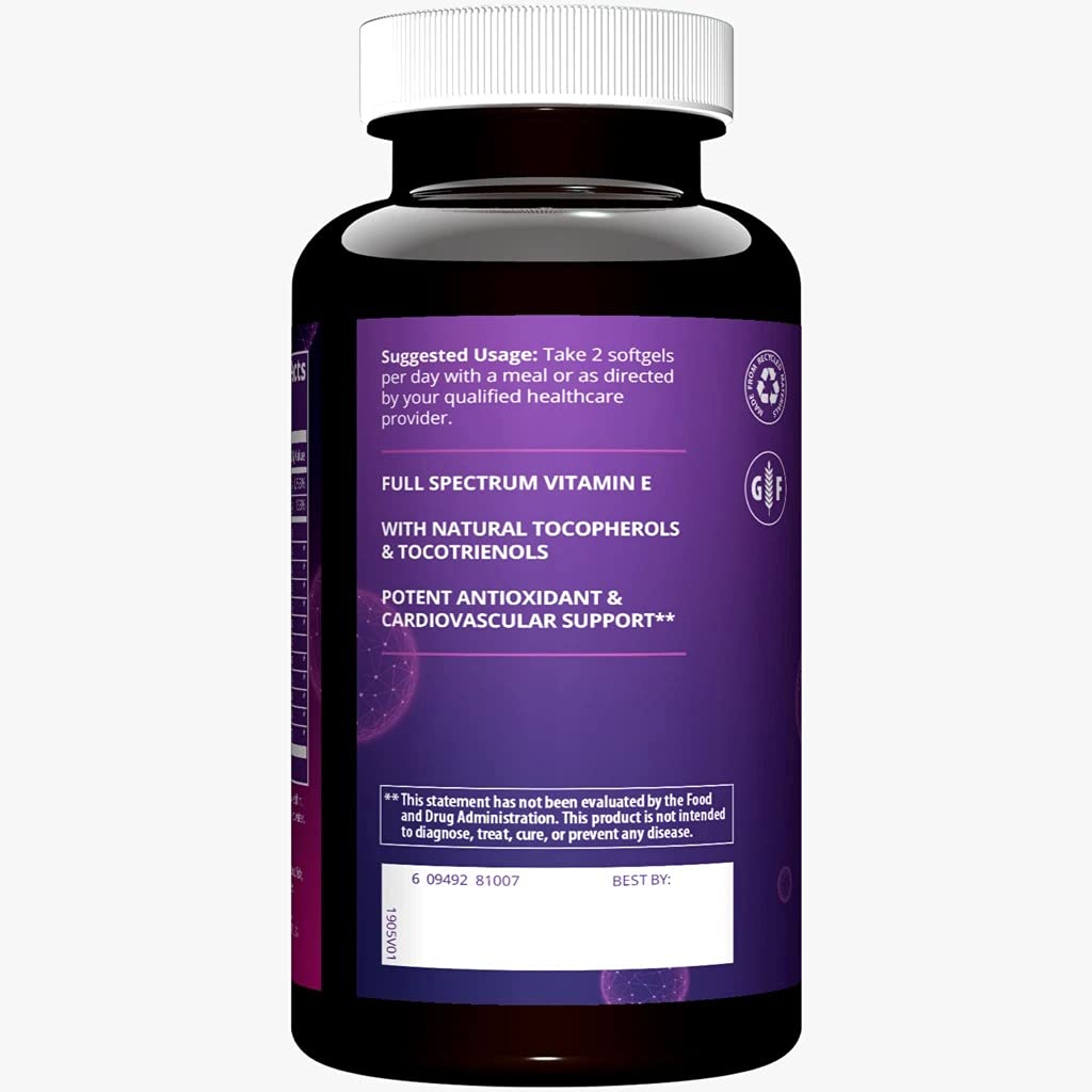 MRM Complete E etiqueta, información de vitamina C y sin gluten para apoyo antioxidante.