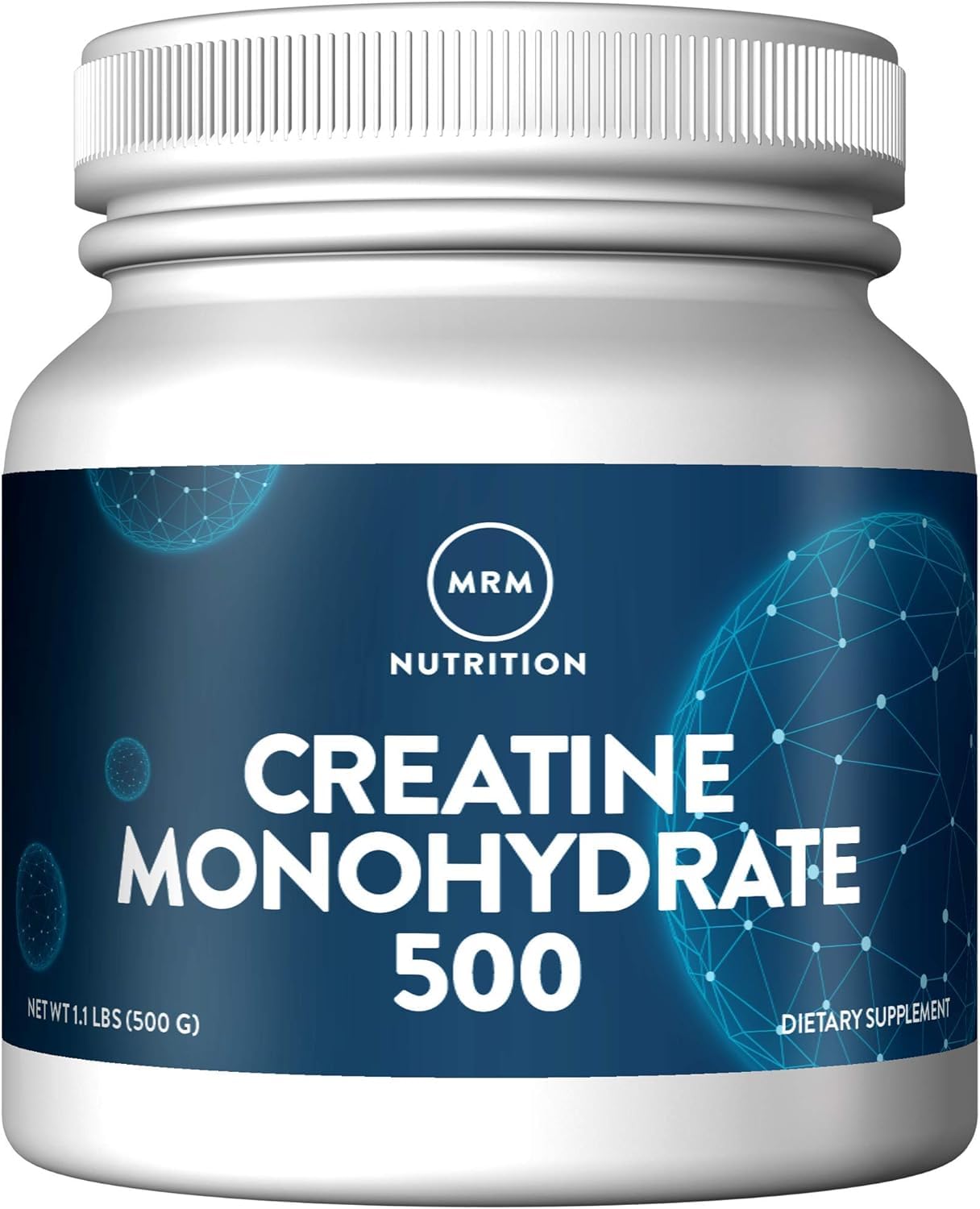 MRM Creatina Monohidratada, botella vertiendo, apoyo a energía para entrenamientos intensos.