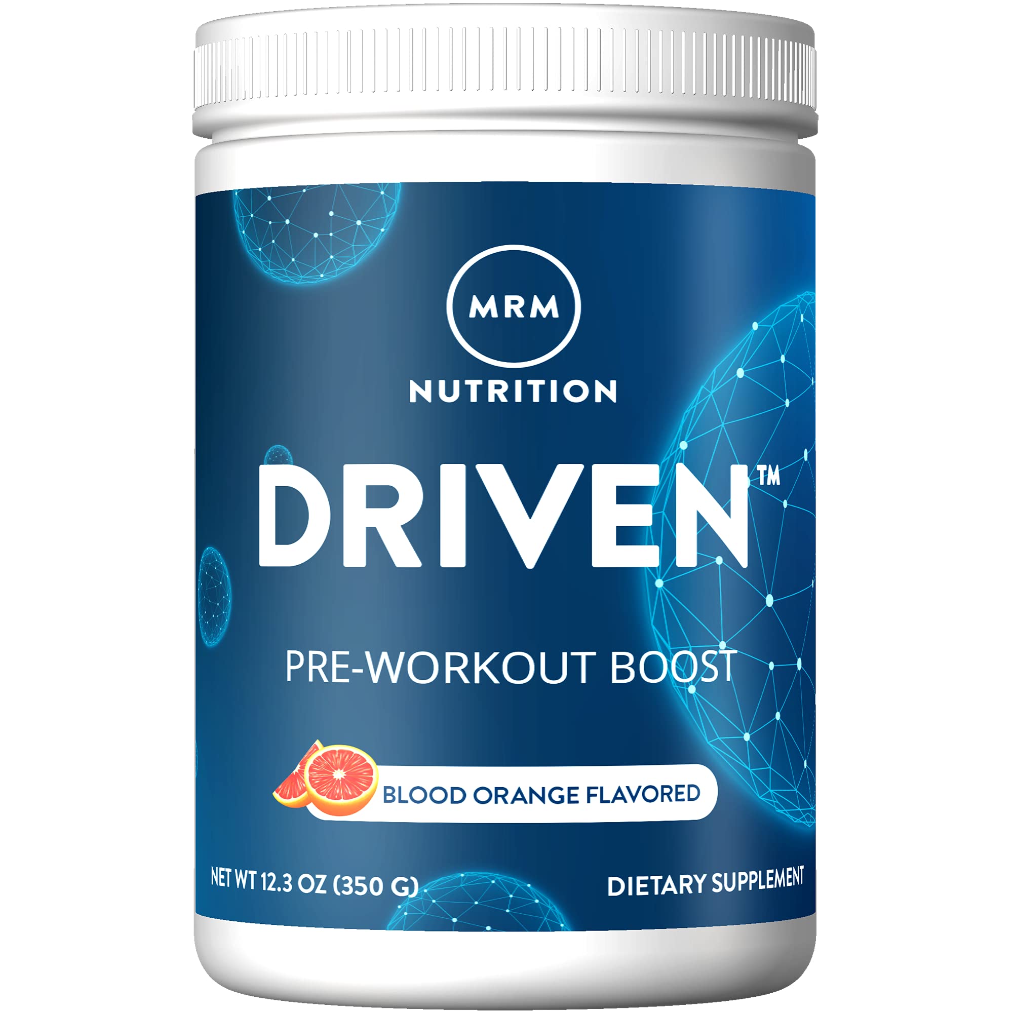 MRM Driven Pre-Entrenamiento, botella frontal, sabor naranja para energía sostenida durante entrenos