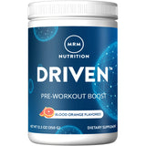 MRM Driven Pre-Entrenamiento, botella frontal, sabor naranja para energía sostenida durante entrenos